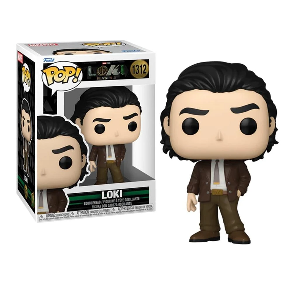 Eine Funko Pop-Figur von Loki aus Staffel 2, in einem braunen Mantel und Krawatte, neben der Box. Die Box hat das Pop-Logo und Lokis Namen.