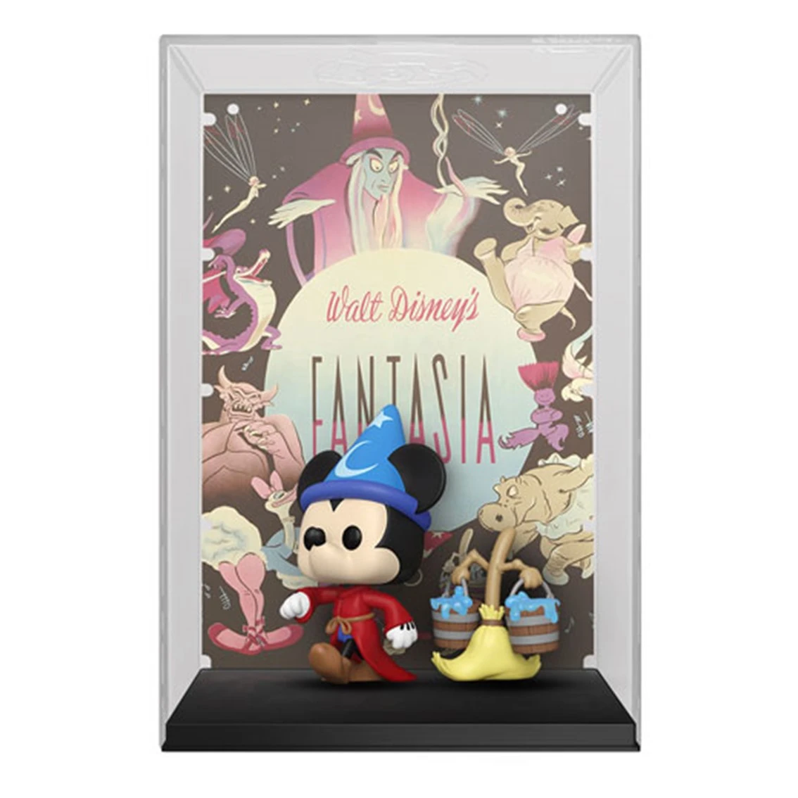 Figura de Mickey Mouse de Fantasía en una vitrina. El fondo muestra personajes de Fantasía y el título de la película.