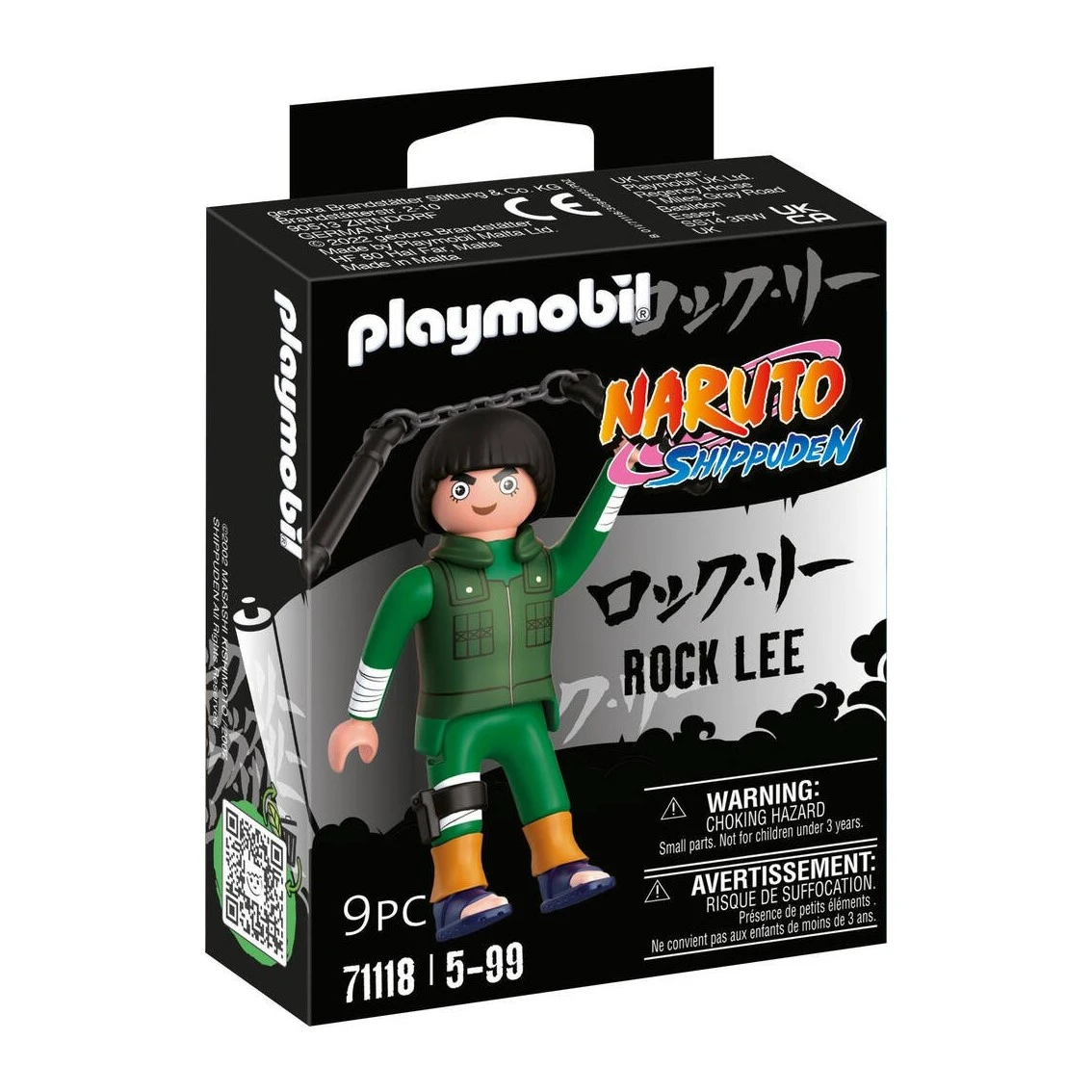 Eine Playmobil-Box mit Rock Lee aus Naruto Shippuden. Die Box ist schwarz mit Bildern und Text auf Englisch und Japanisch.