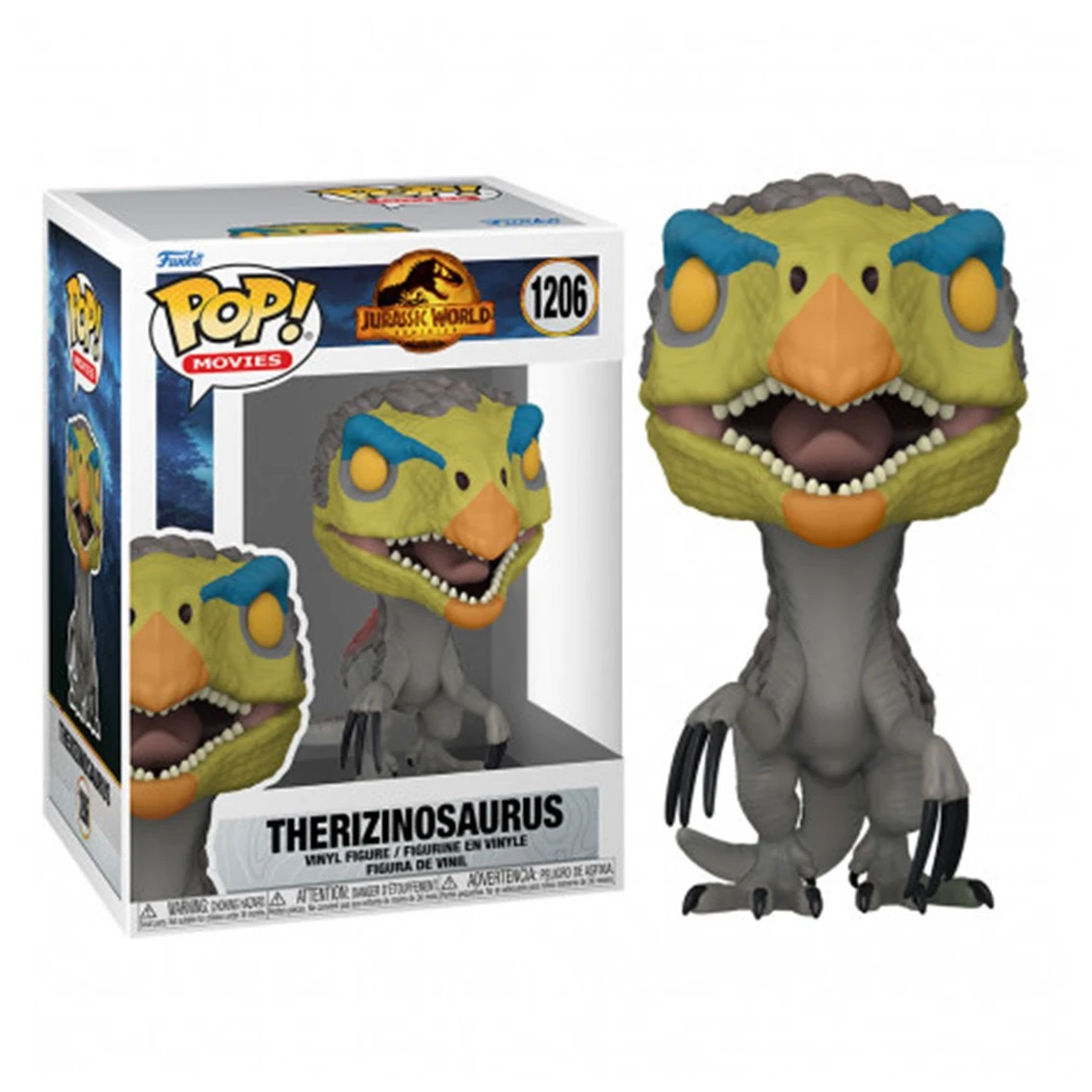 Una statuetta Funko Pop di un dinosauro Therizinosaurus di Jurassic World, con una scatola sullo sfondo.