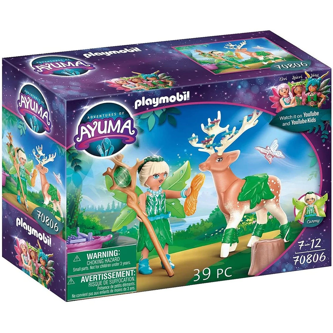 Playmobil Ayuma-Box-Set. Es zeigt eine Fee mit Stab und ein Reh mit Blattdekorationen. Der Hintergrund ist eine Sternennacht.