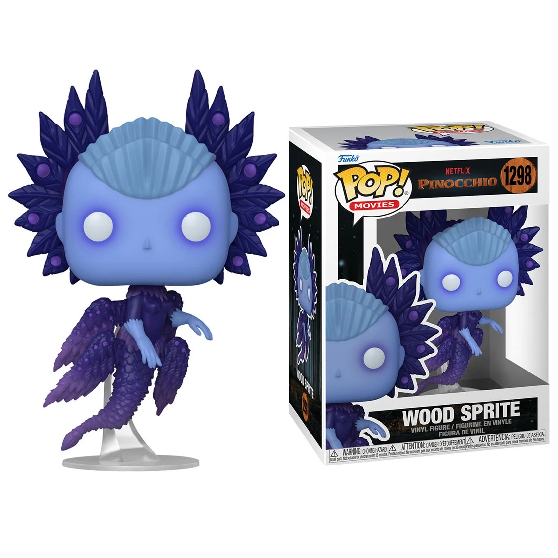 Figurka Funko Pop Wood Sprite z Pinokia, z niebieskimi i fioletowymi odcieniami. Stoi obok pudełka.