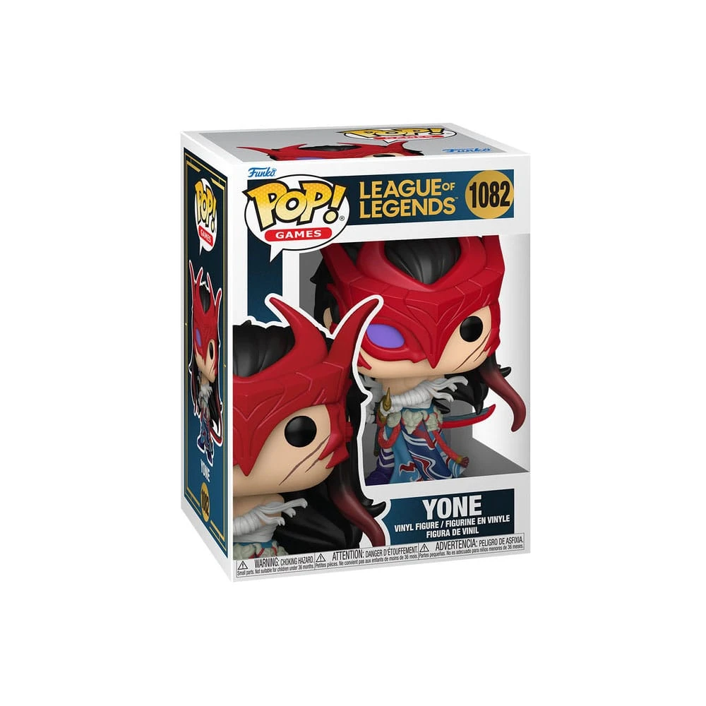 Eine Funko Pop-Box mit Yone aus League of Legends. Die Figur hat eine rote Maske und schwarze Haare. Die Box zeigt die Figur.