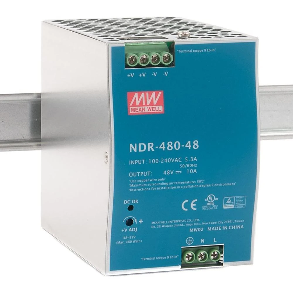 Een zilverkleurige en blauwe voedingseenheid met tekst. Het heeft ingangs- en uitgangsspecificaties, model NDR-480-48 en het Mean Well-logo.