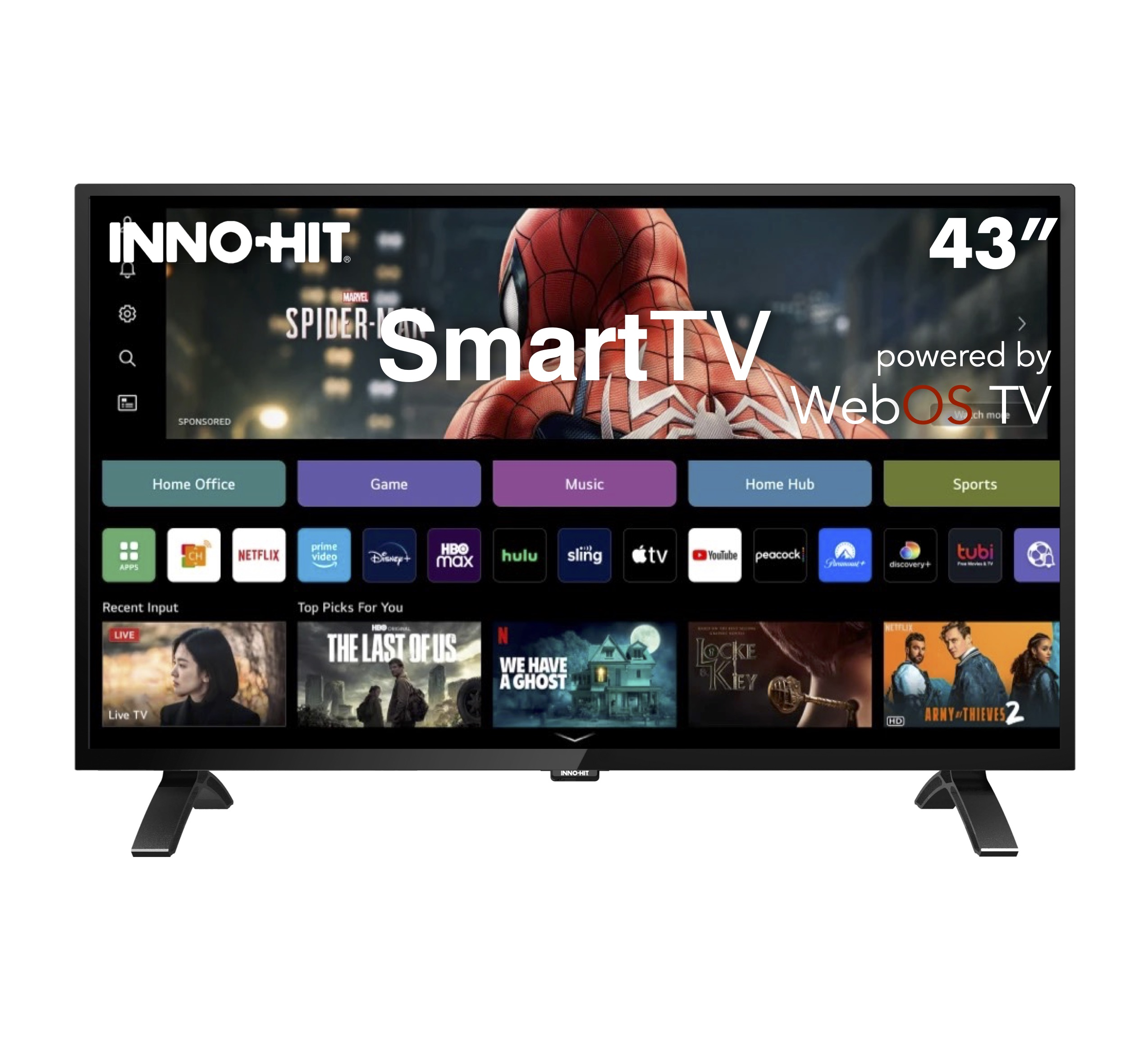 Una Smart TV nera da 43" mostra Spider-Man, con icone di app sottostanti. Ha gambe nere e il marchio è INNO-HIT.