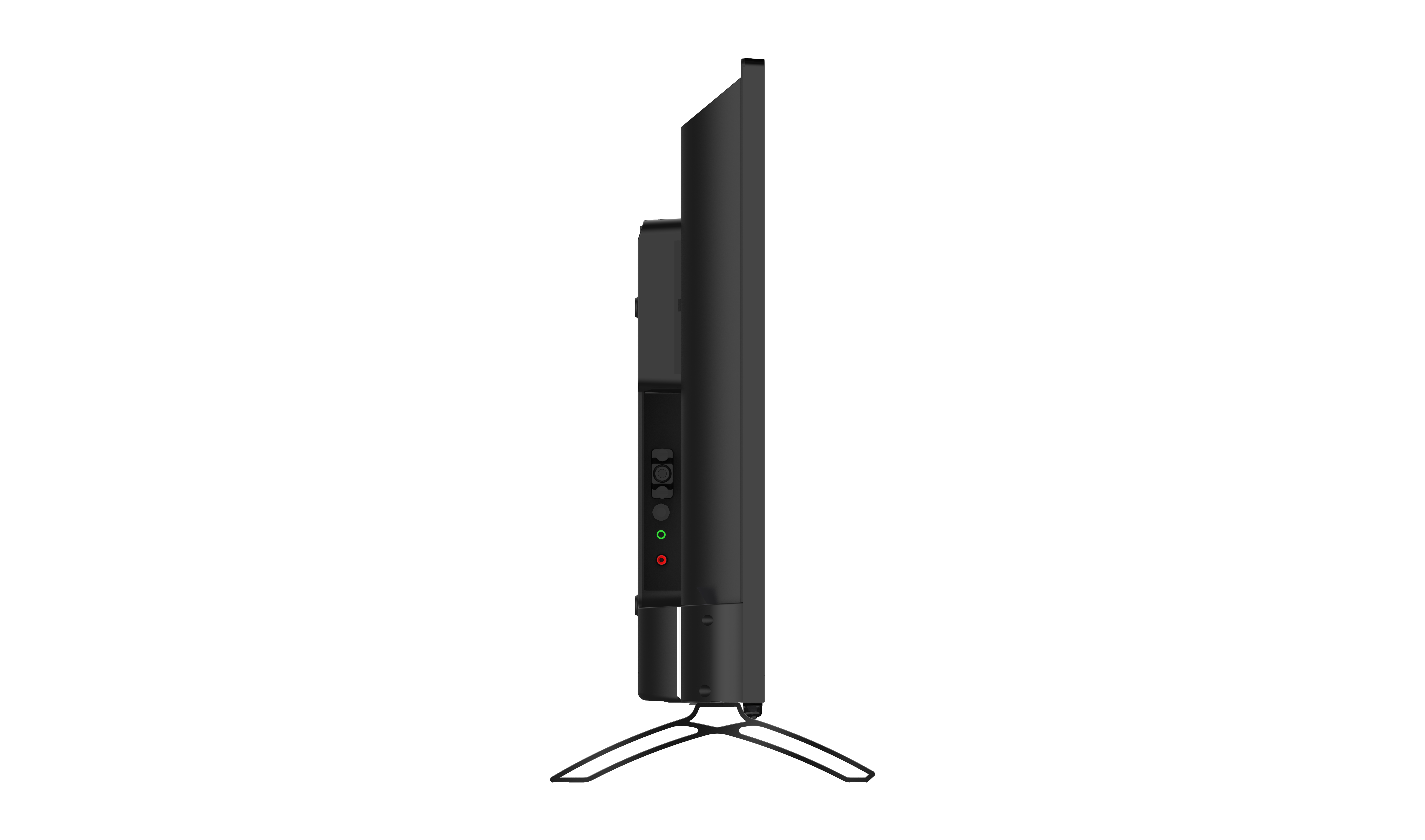 Vista laterale di una televisione nera, con supporto e porte visibili.