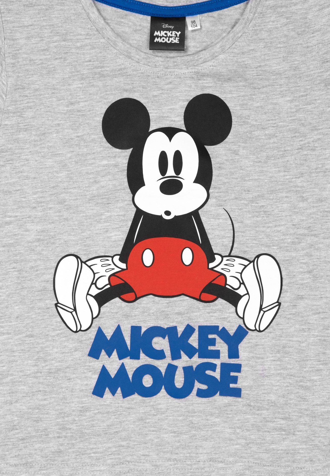 Ein graues T-Shirt mit einem Mickey Mouse-Design. Mickey ist in der Mitte. Das Markenlogo befindet sich oben. Der Text 'Mickey Mouse' steht unten.