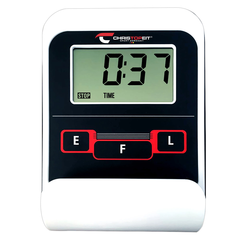 Digitaler Timer in Schwarz und Weiß mit der Anzeige '0:37'. Rote Tasten für 'E', 'F' und 'L'. Die Marke ist Christopeit.