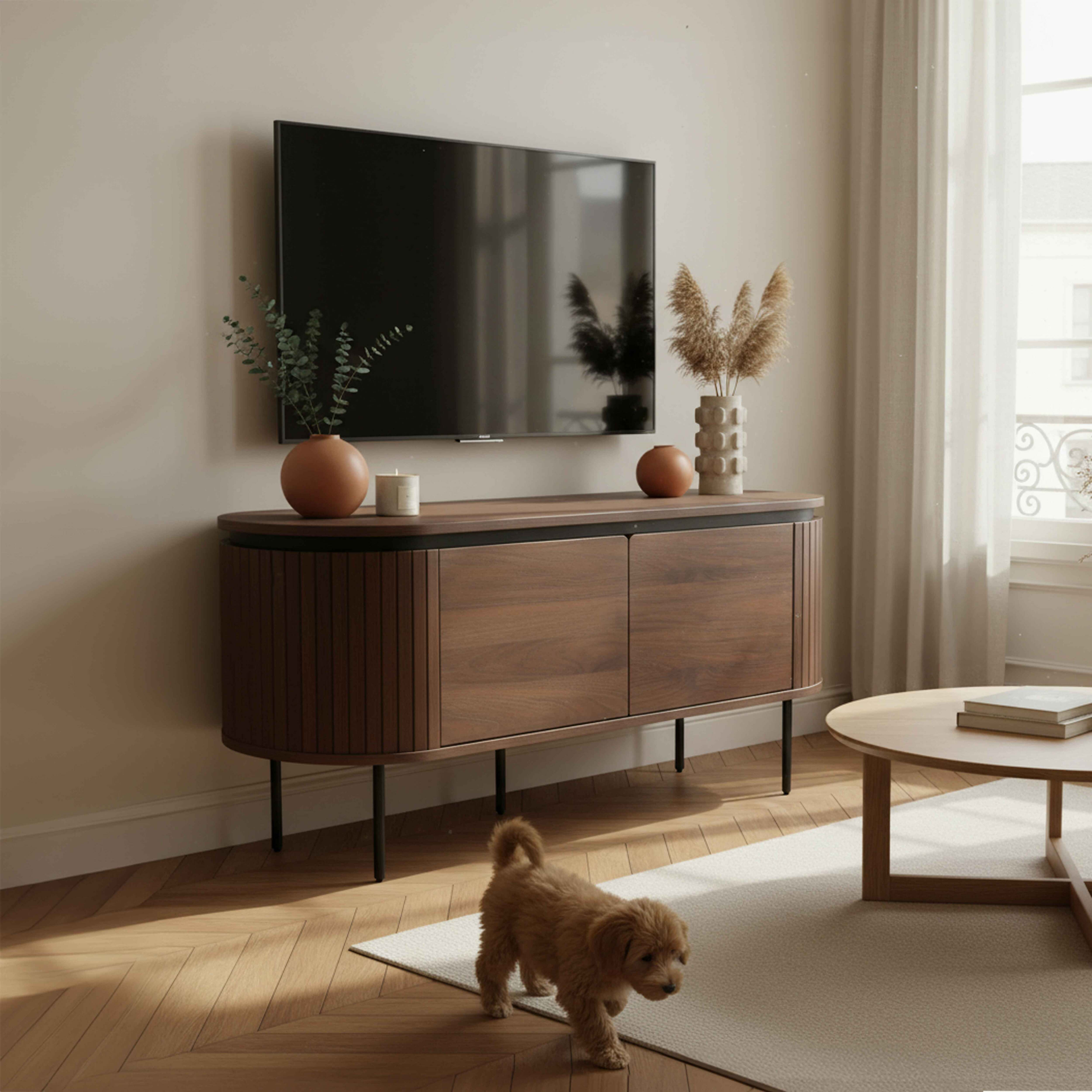 Ein Wohnzimmer mit Fernseher, Schrank und Hund. Ein runder Tisch und ein Fenster mit Vorhang im Hintergrund.