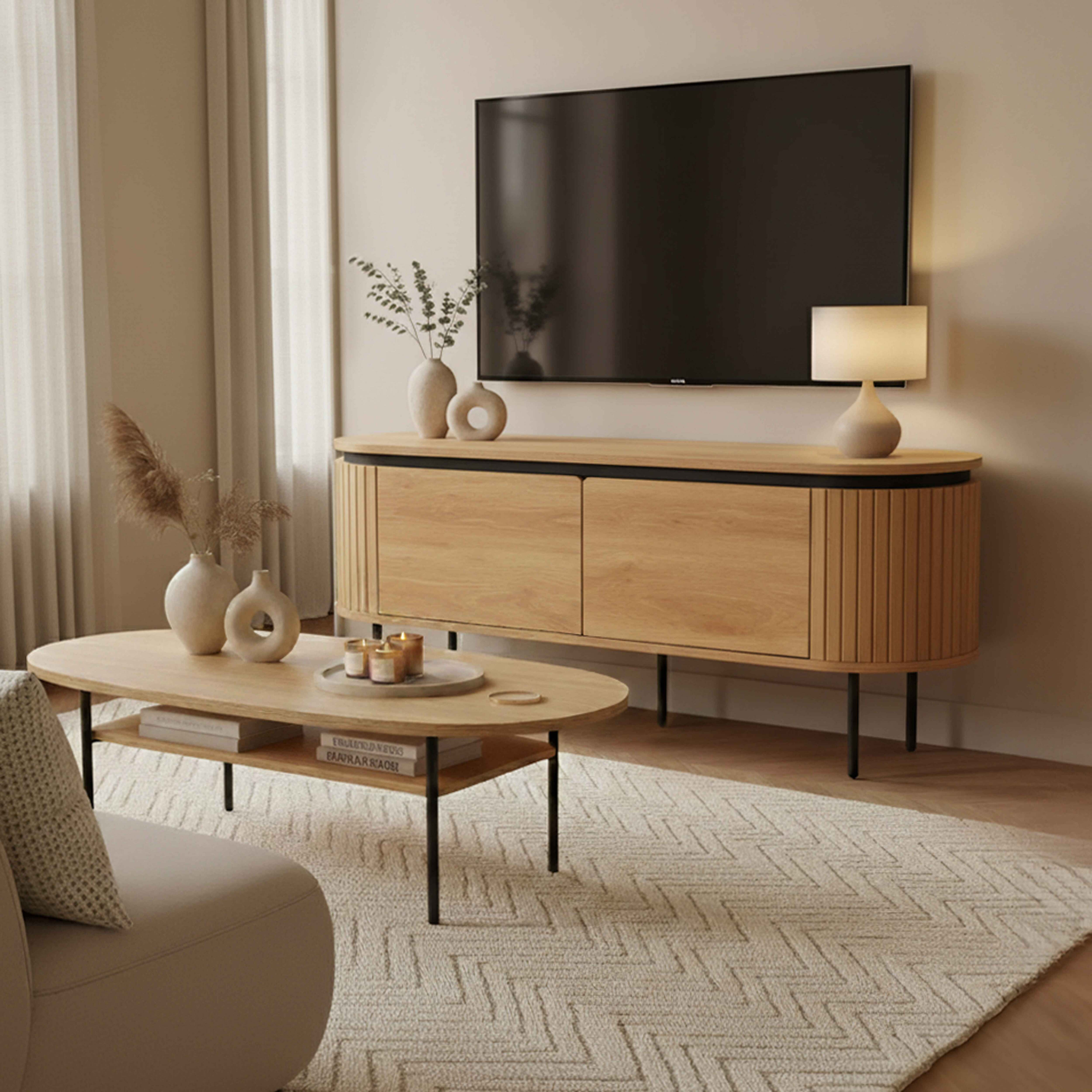 Wohnzimmer mit Fernseher, Holzschrank, Couchtisch und beigem Teppich. Mit Lampe und Zier vasen.