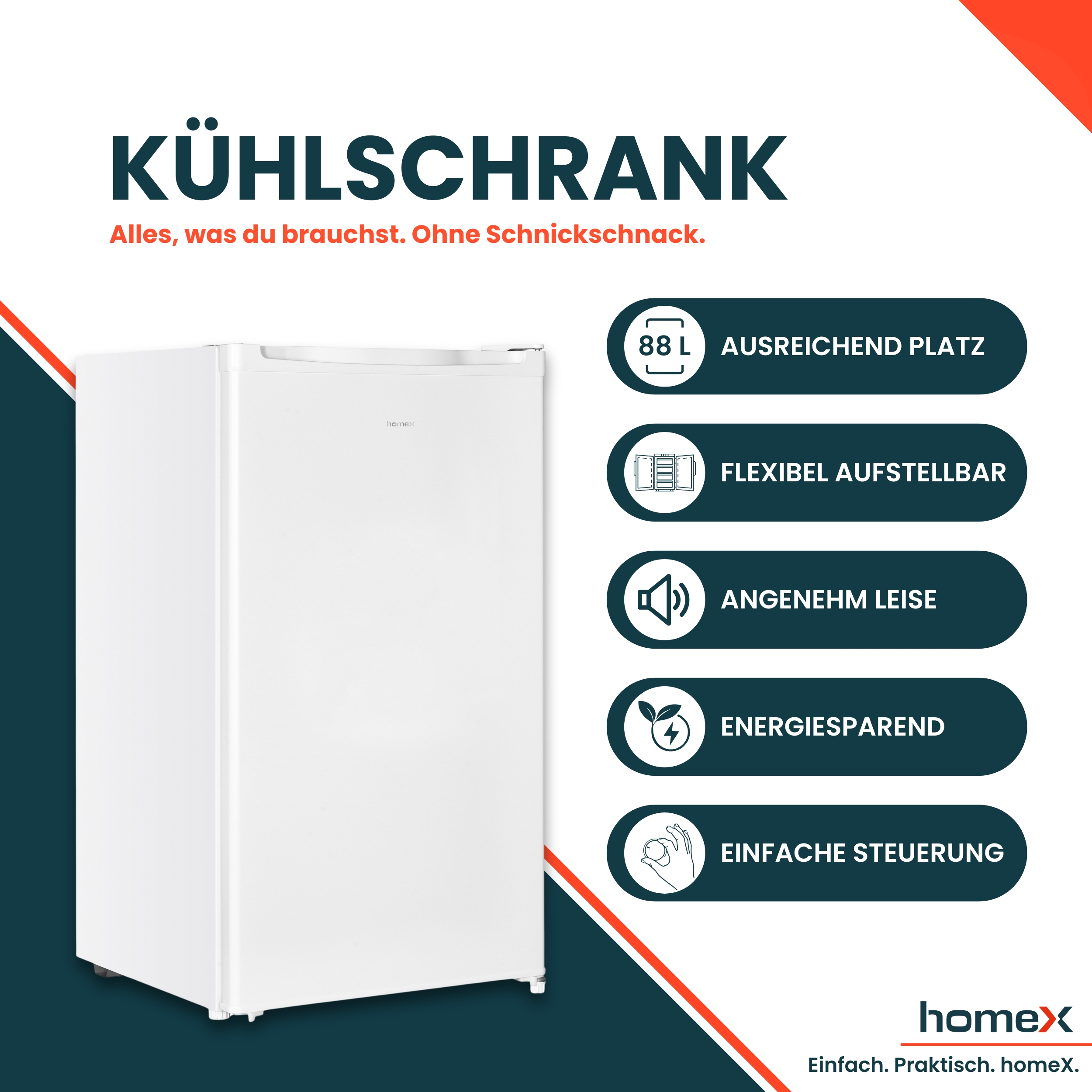 Weißer Kühlschrank mit Produktinformationen. Text enthält 'Kuhlschrank', '88 L', 'Flexibel', 'Leise', 'Energiesparend', 'Einfache Steuerung'.