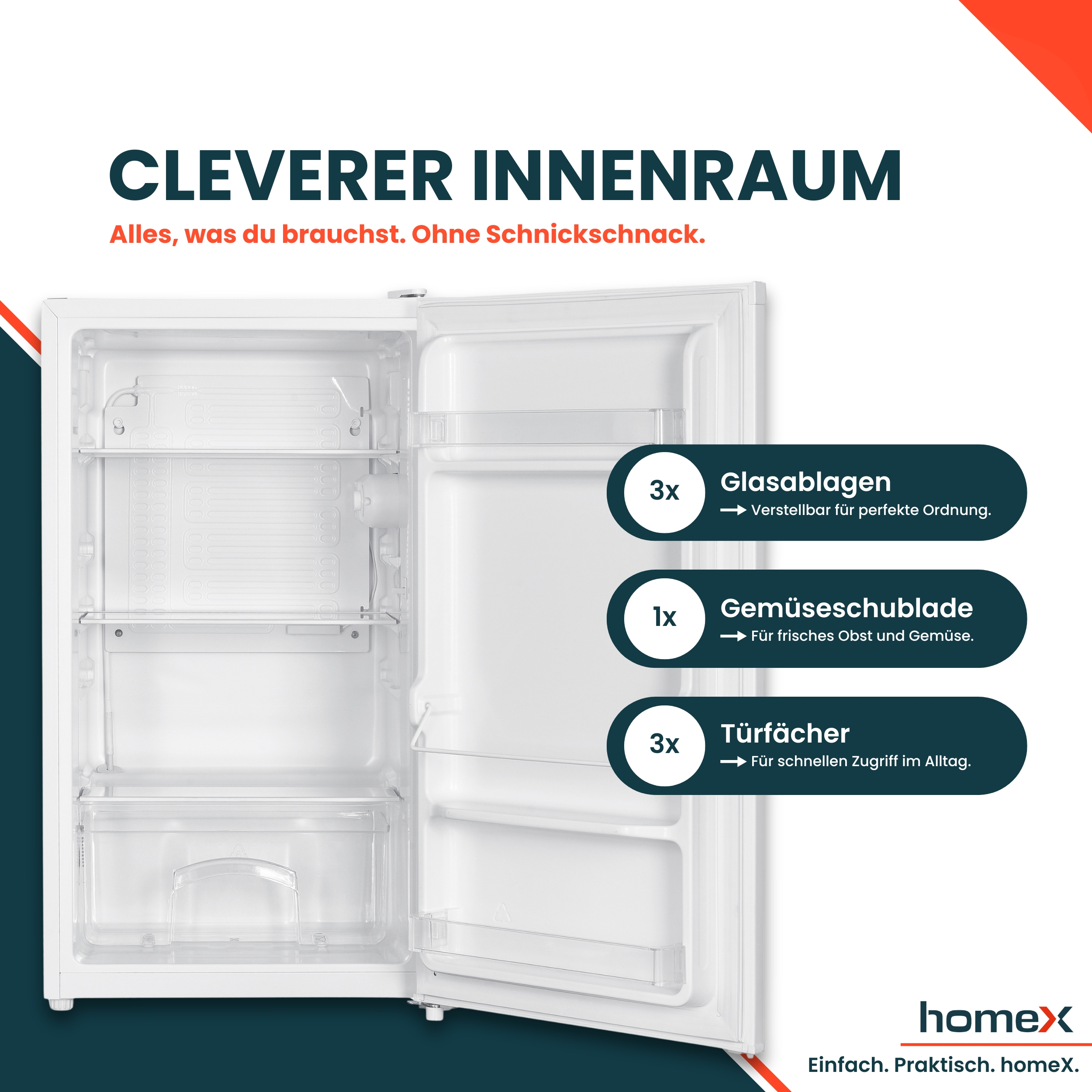 Offener weißer Kühlschrank mit Regalen und Türfächern. Text hebt Merkmale hervor. HomeX-Logo unten rechts.