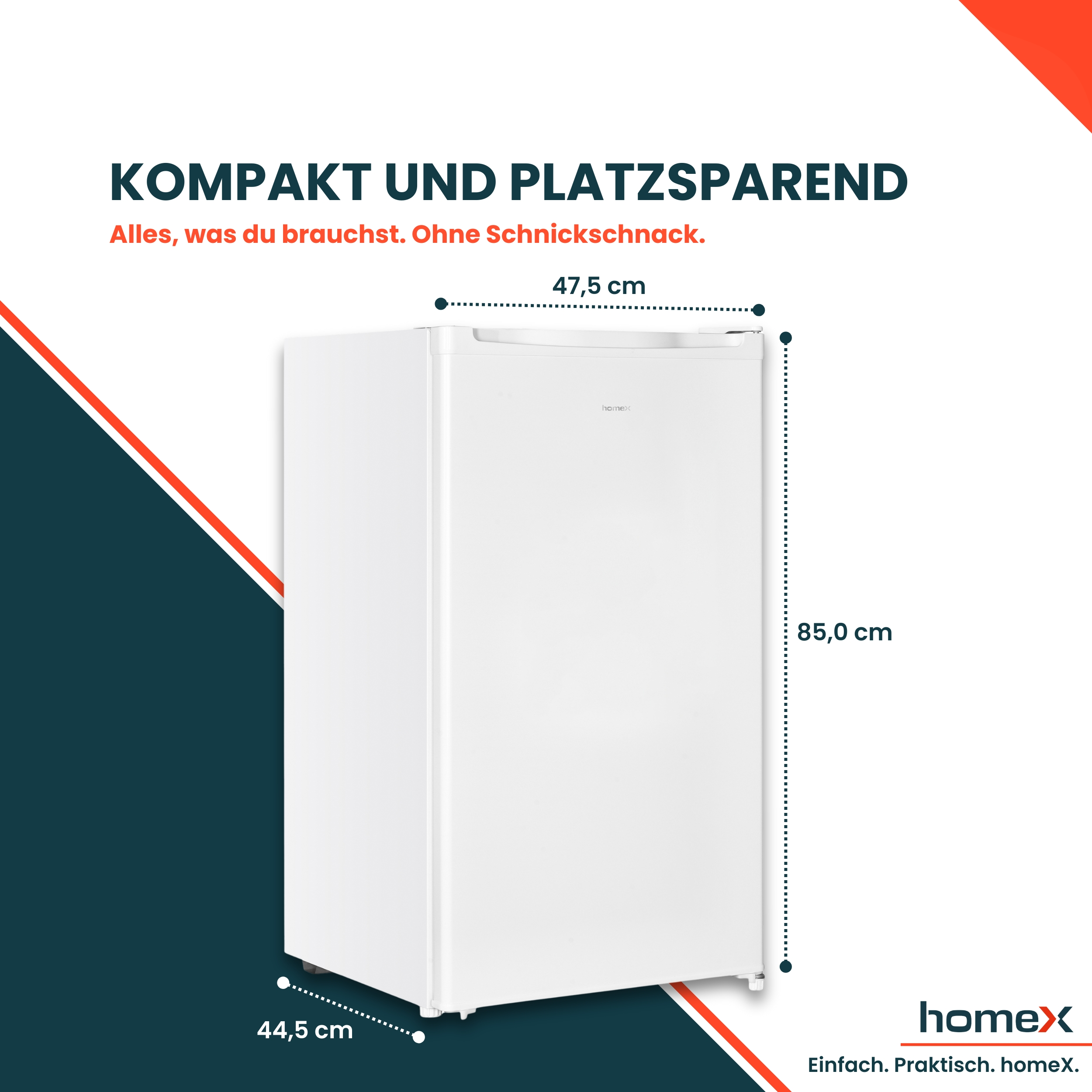 Ein weißer Kühlschrank mit Maßangaben. Der Text oben lautet 'Kompakt und Platzsparend'. Das Markenlogo ist unten.