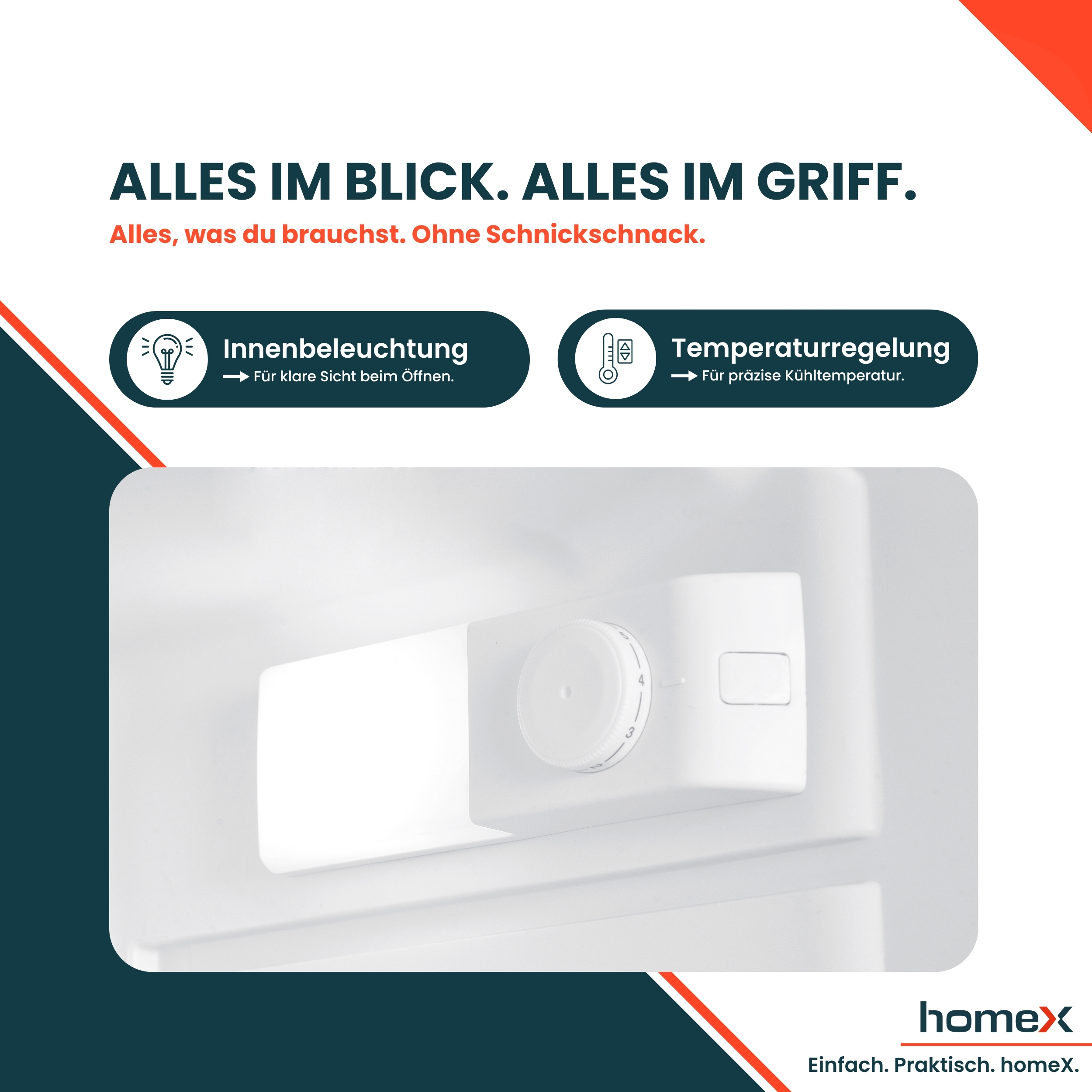 Weißer Kühlschrankinnenraum mit Temperaturregler, Lichtschalter und Text auf Deutsch.