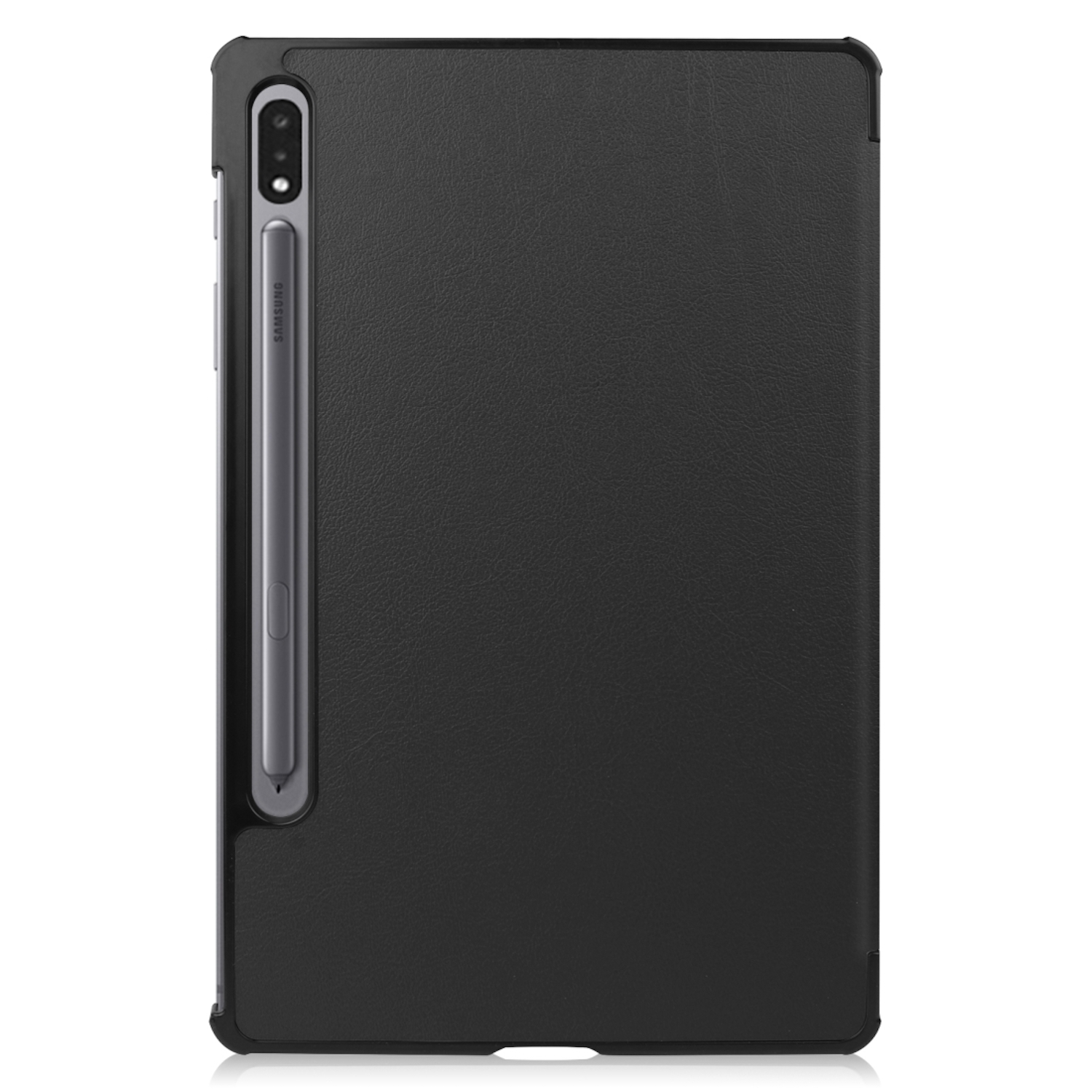 Schwarzes Tablet mit Hülle und Stift. Das Tablet befindet sich in einer schwarzen Hülle mit einem befestigten Stift. Samsung-Logo sichtbar.