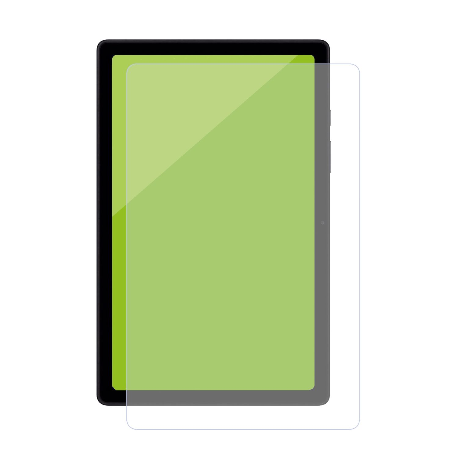 Tablet mit Displayschutzfolie. Der Bildschirm hat eine hellgrüne Farbe. Das Tablet hat einen schwarzen Rahmen.