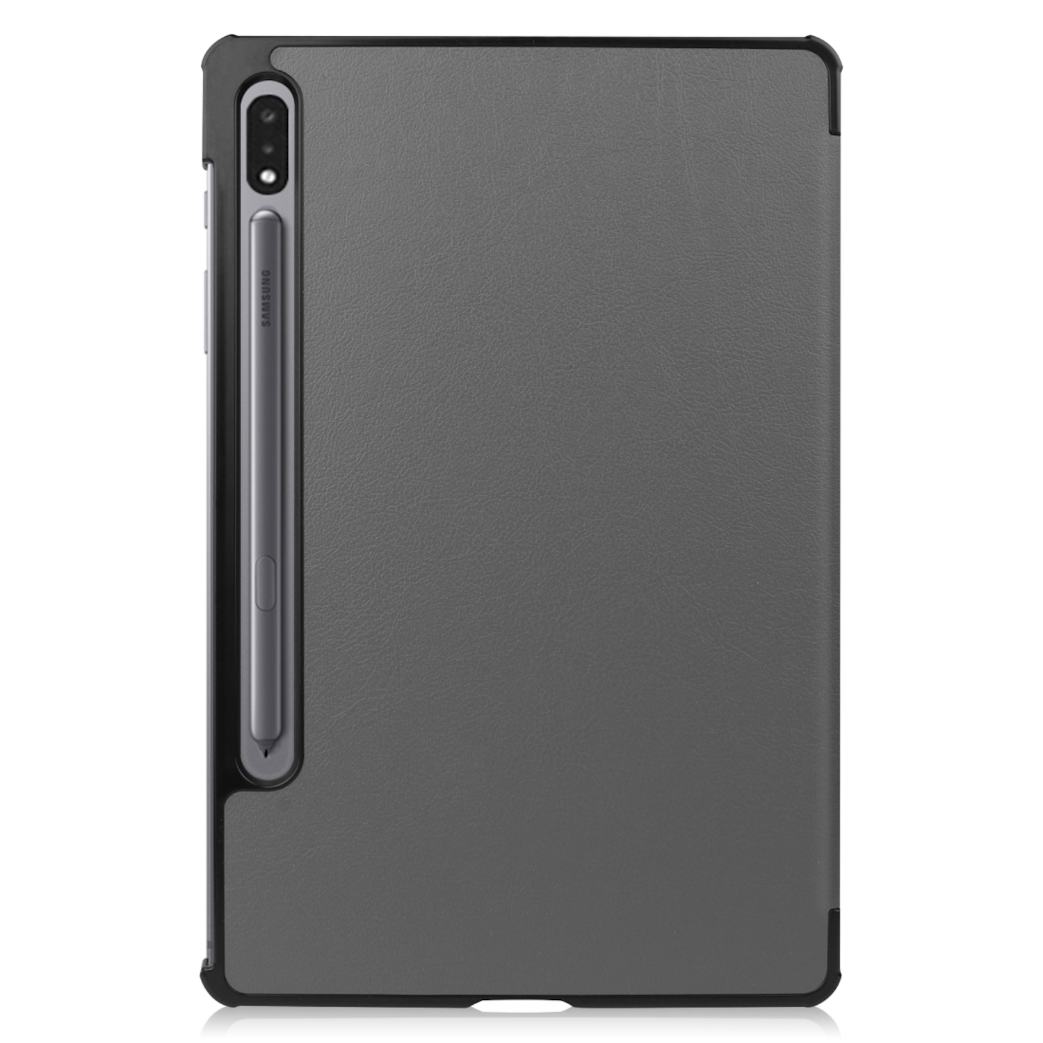 Eine Tablet-Hülle mit Stift. Die Hülle ist grau, mit schwarzem Rahmen. Der Stift ist silberfarben und passt in einen Schlitz.