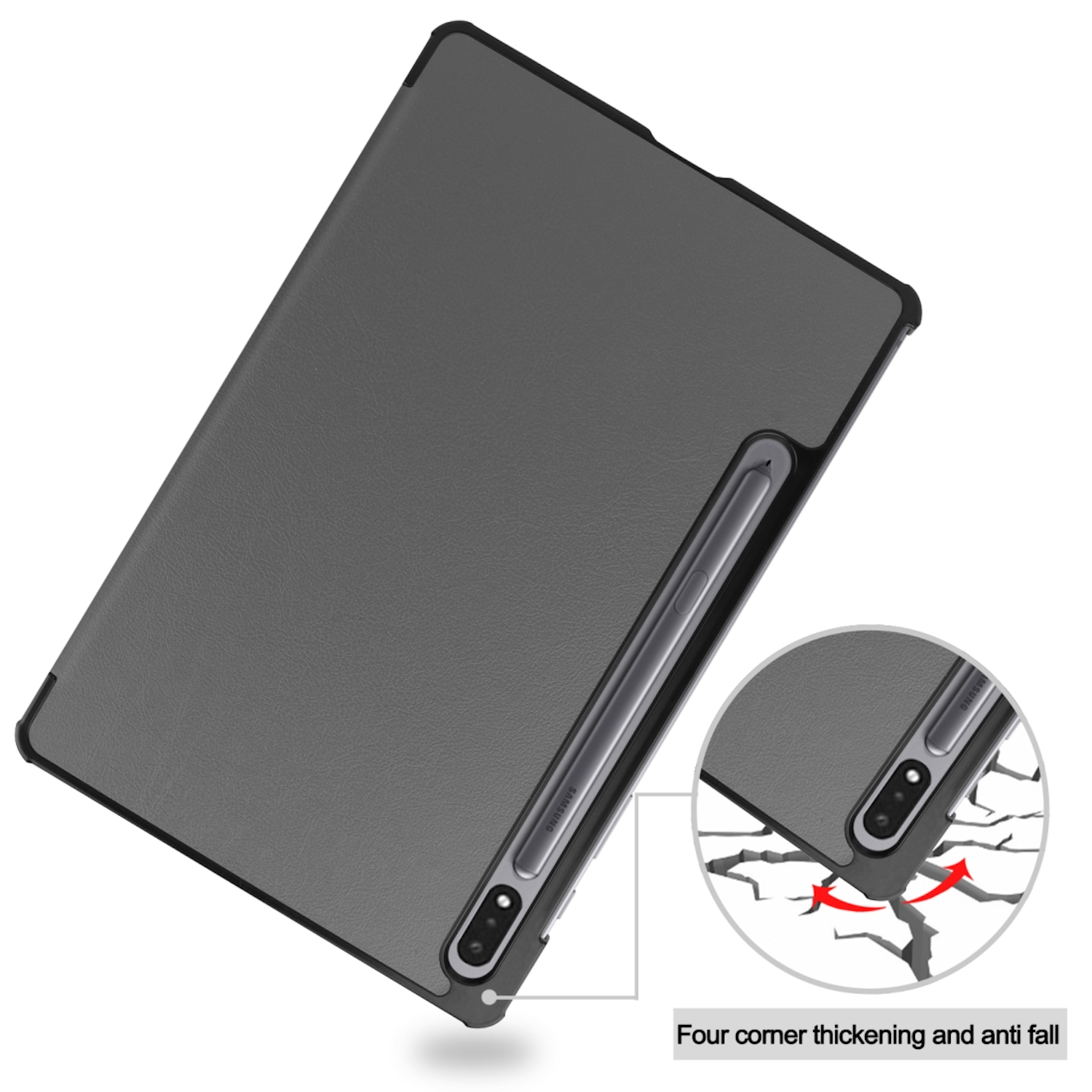 Ein Tablet in einer grauen Hülle mit einem Stift. Ein Diagramm zeigt die vier Eckverdickungen und die Anti-Fall-Funktion.