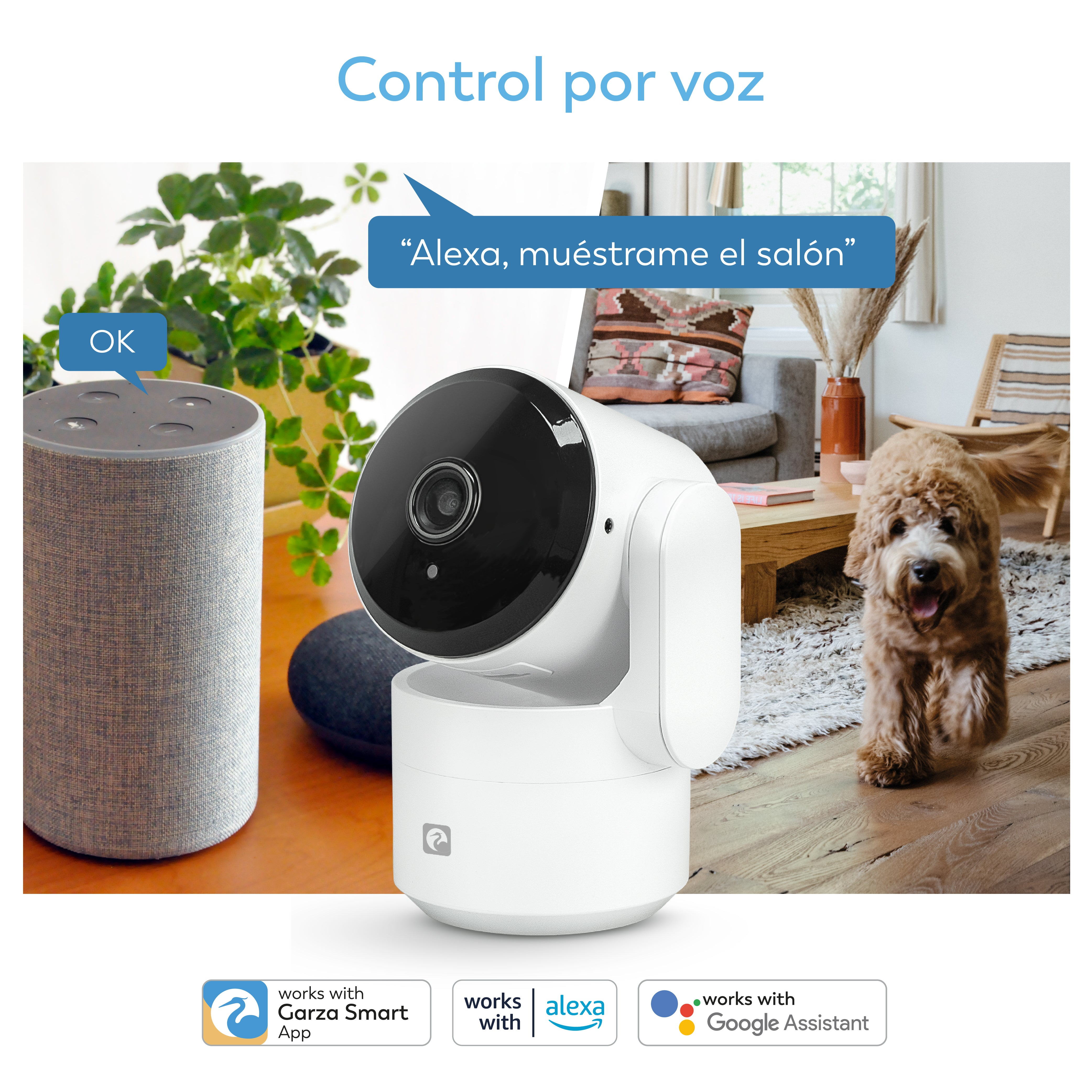 Un altavoz inteligente y una cámara están sobre una mesa. Un perro está en el fondo. El texto dice 'Control por voz'.