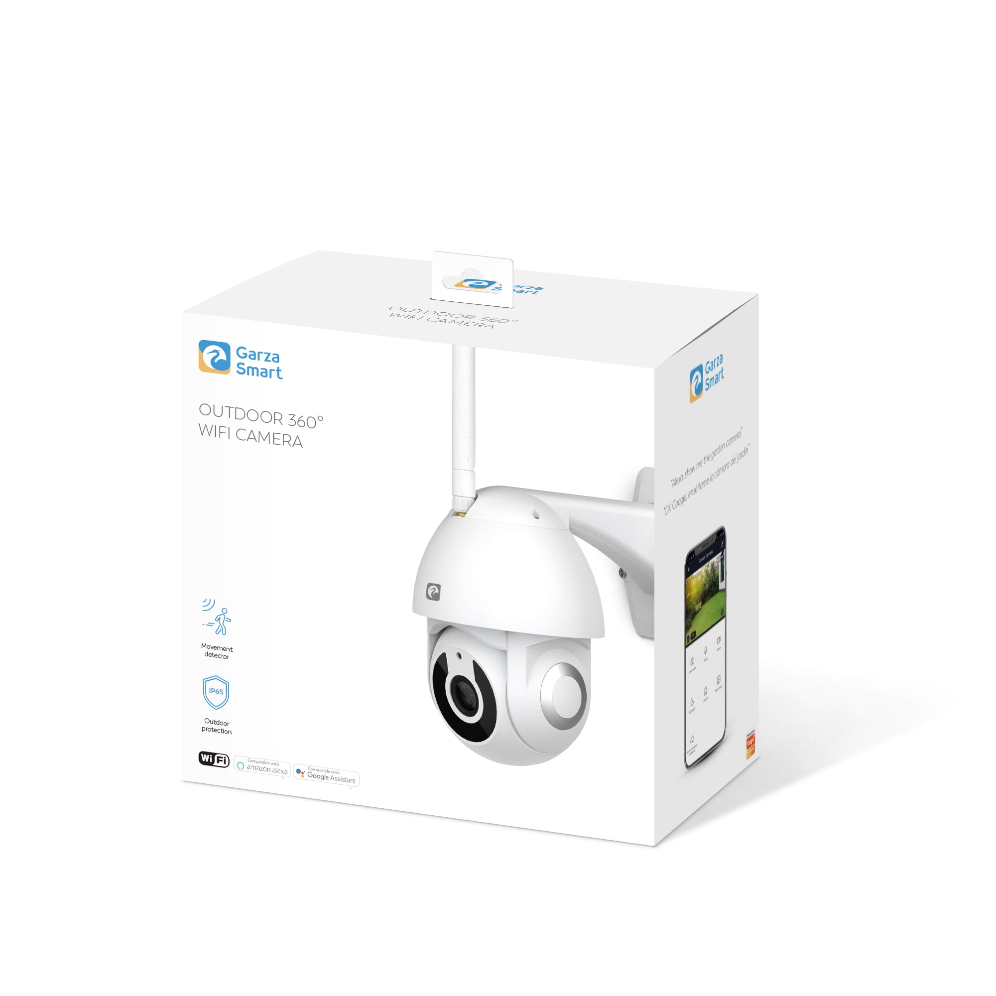 Una cámara WiFi para exteriores Garza Smart blanca en una caja blanca. Incluye detección de movimiento, protección exterior y WiFi.