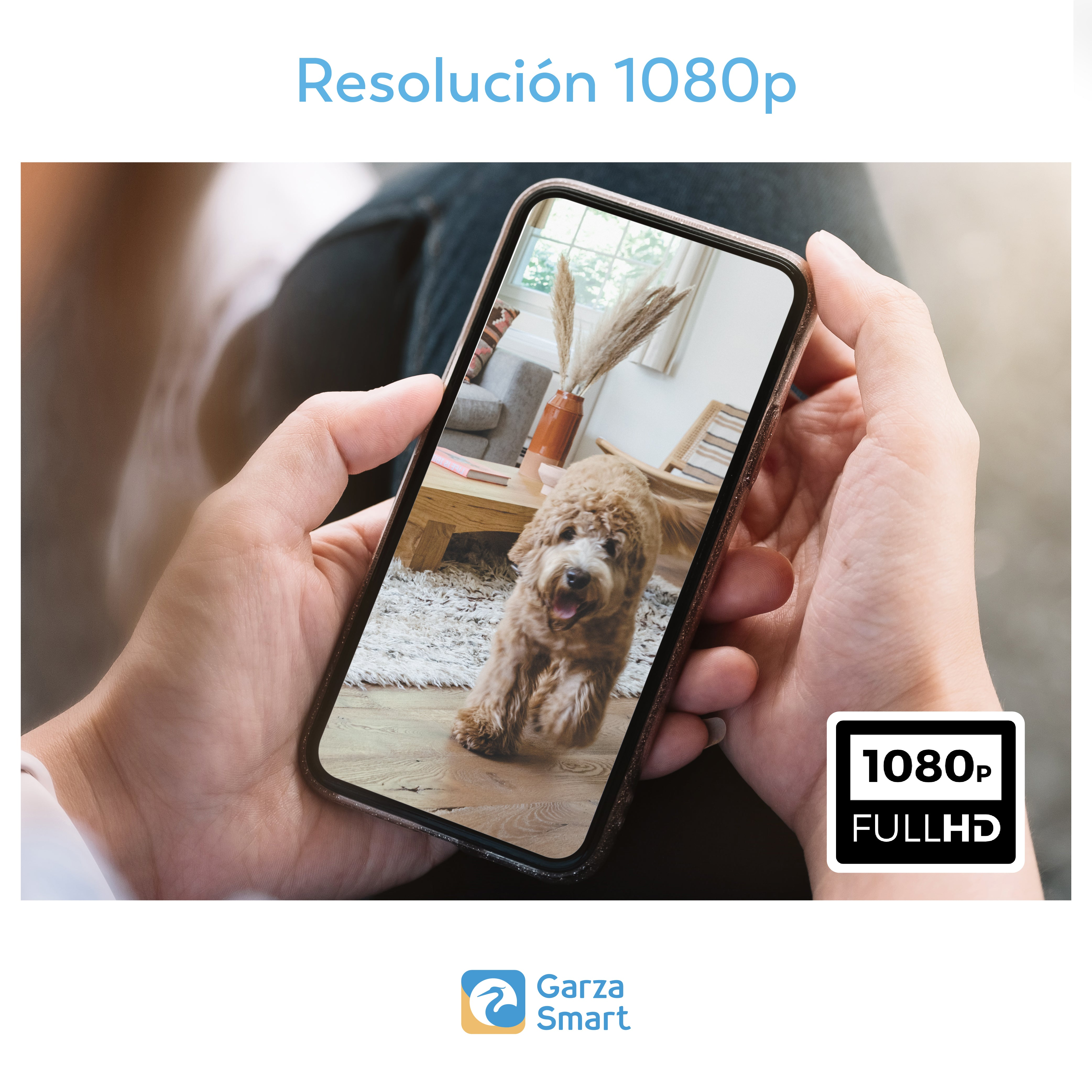 Manos sosteniendo un teléfono con un perro. Arriba dice 'Resolución 1080p'. Abajo a la derecha '1080p FULLHD'.