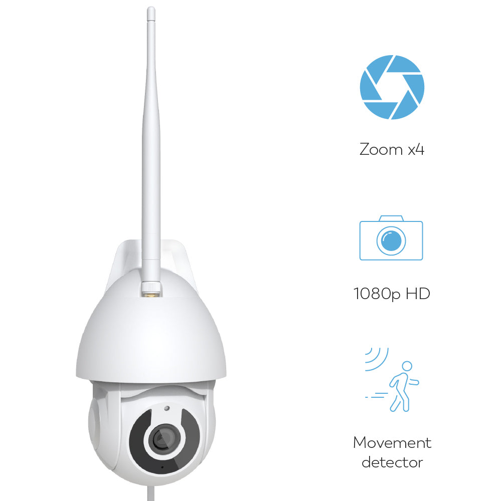 Una cámara de seguridad blanca con antena. Características: zoom x4, 1080p HD y detector de movimiento.