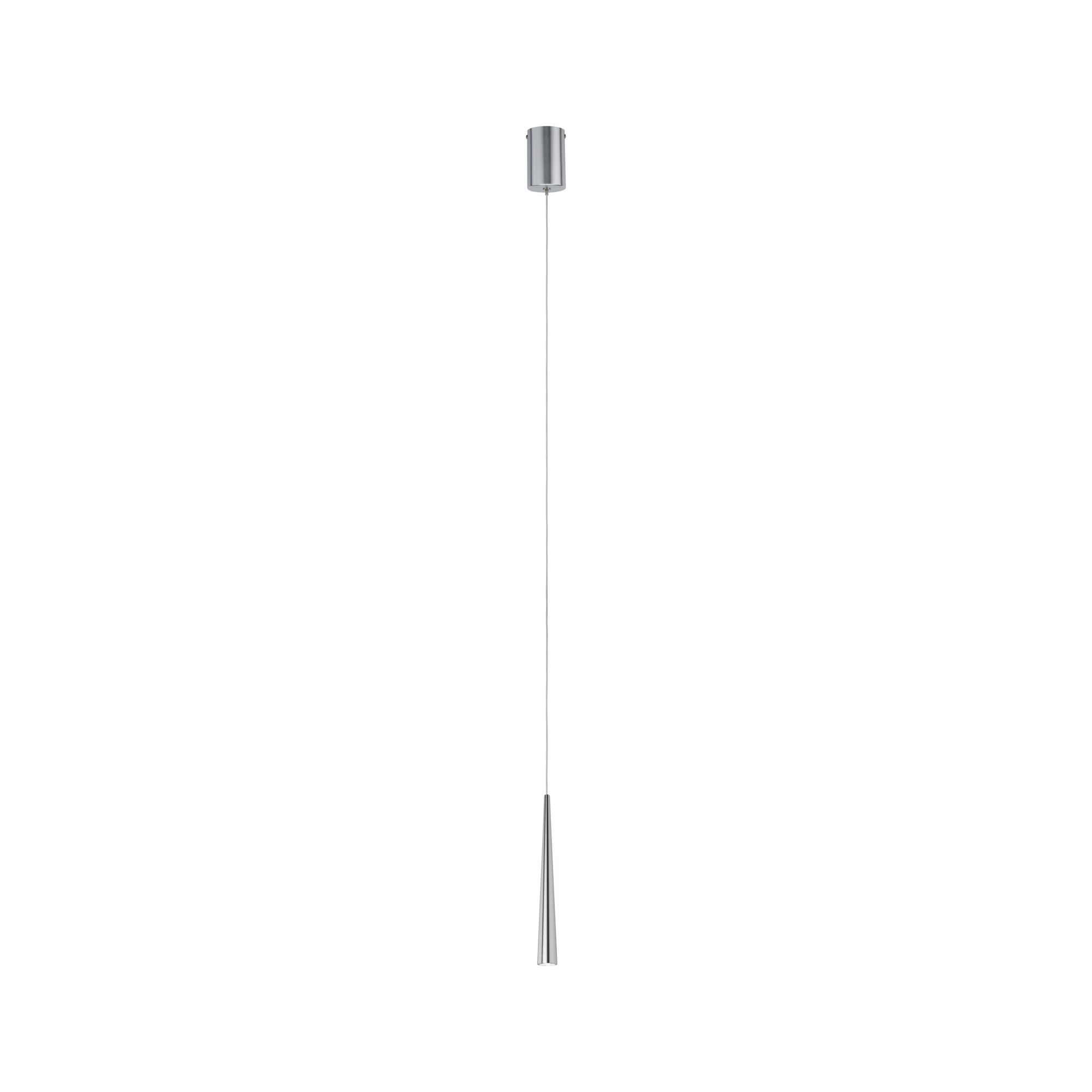 Una lampada a sospensione argentata pende dal soffitto. Ha un top cilindrico e un fondo a forma di cono.