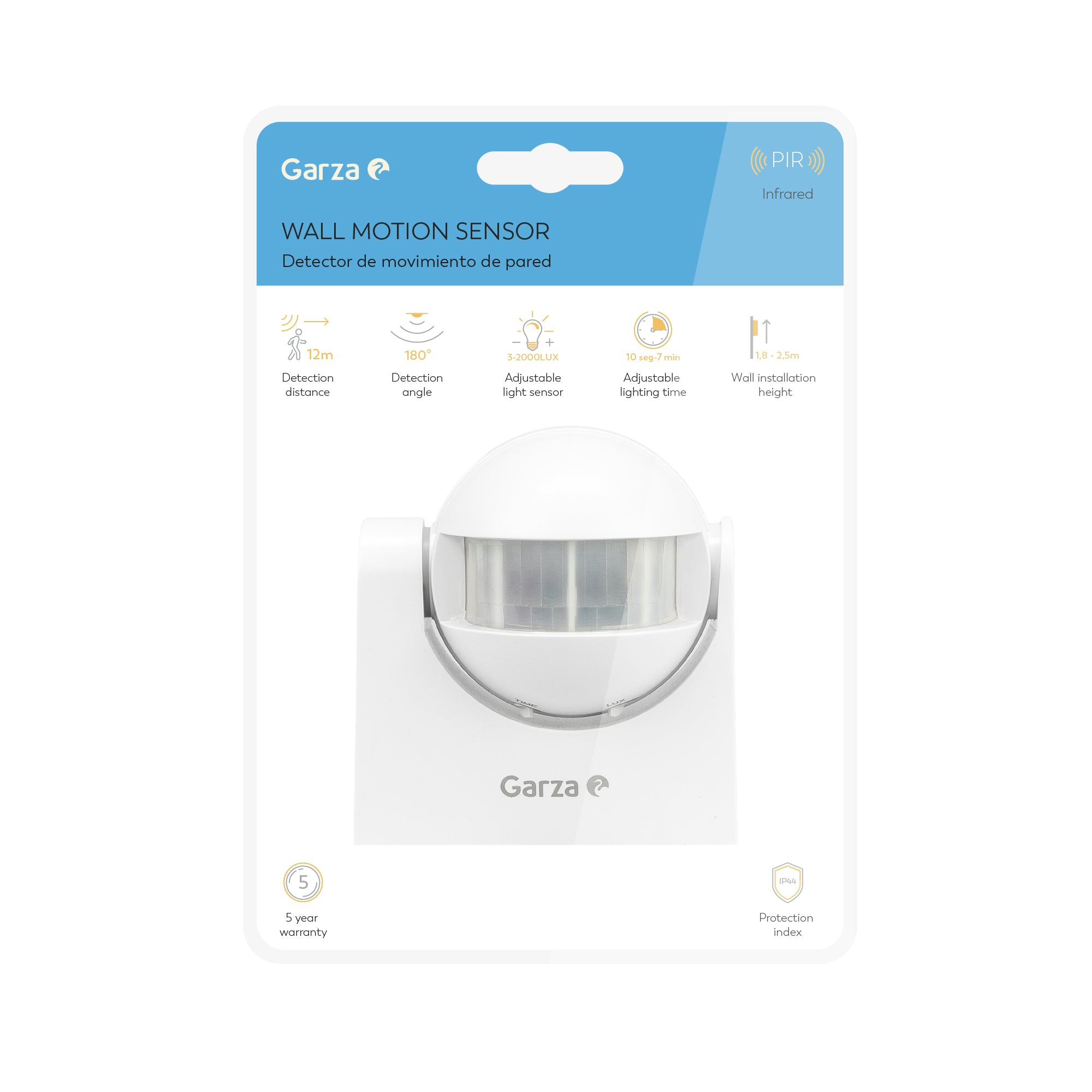 Un sensor de movimiento de pared Garza blanco con detalles técnicos, incluyendo distancia, ángulo y tiempo de iluminación.