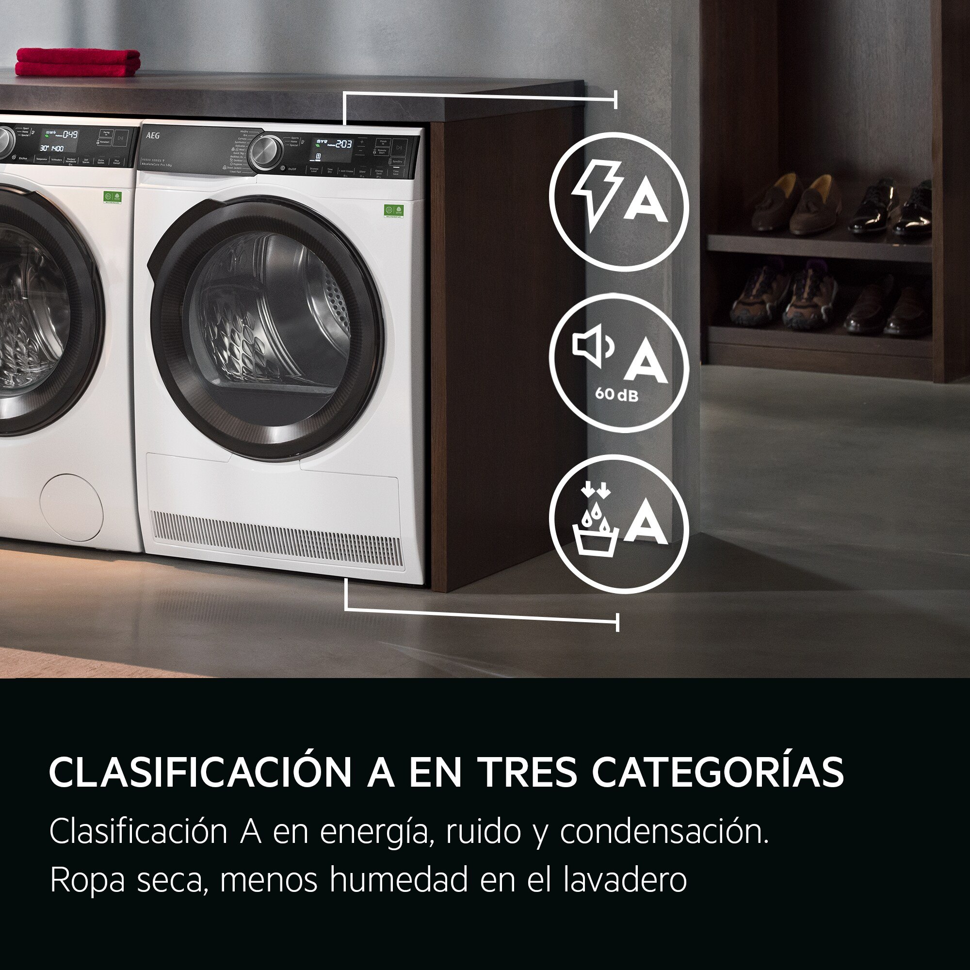 Lavadoras blancas con detalles negros, toalla roja, iconos y texto: Clase A en tres categorías.