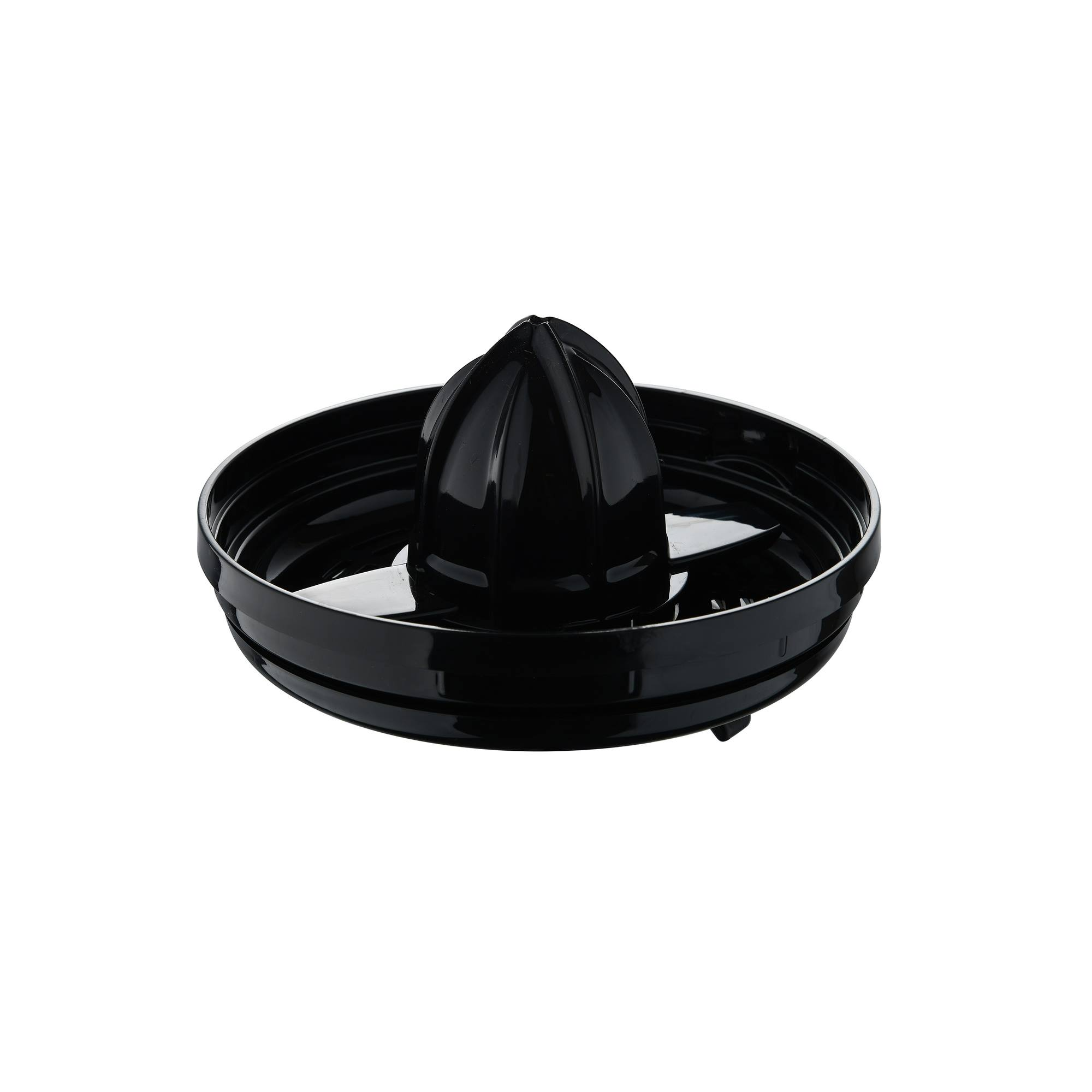 Un exprimidor de cítricos negro sobre un fondo blanco. Tiene un escariador en forma de cono dentro de un cuenco circular.