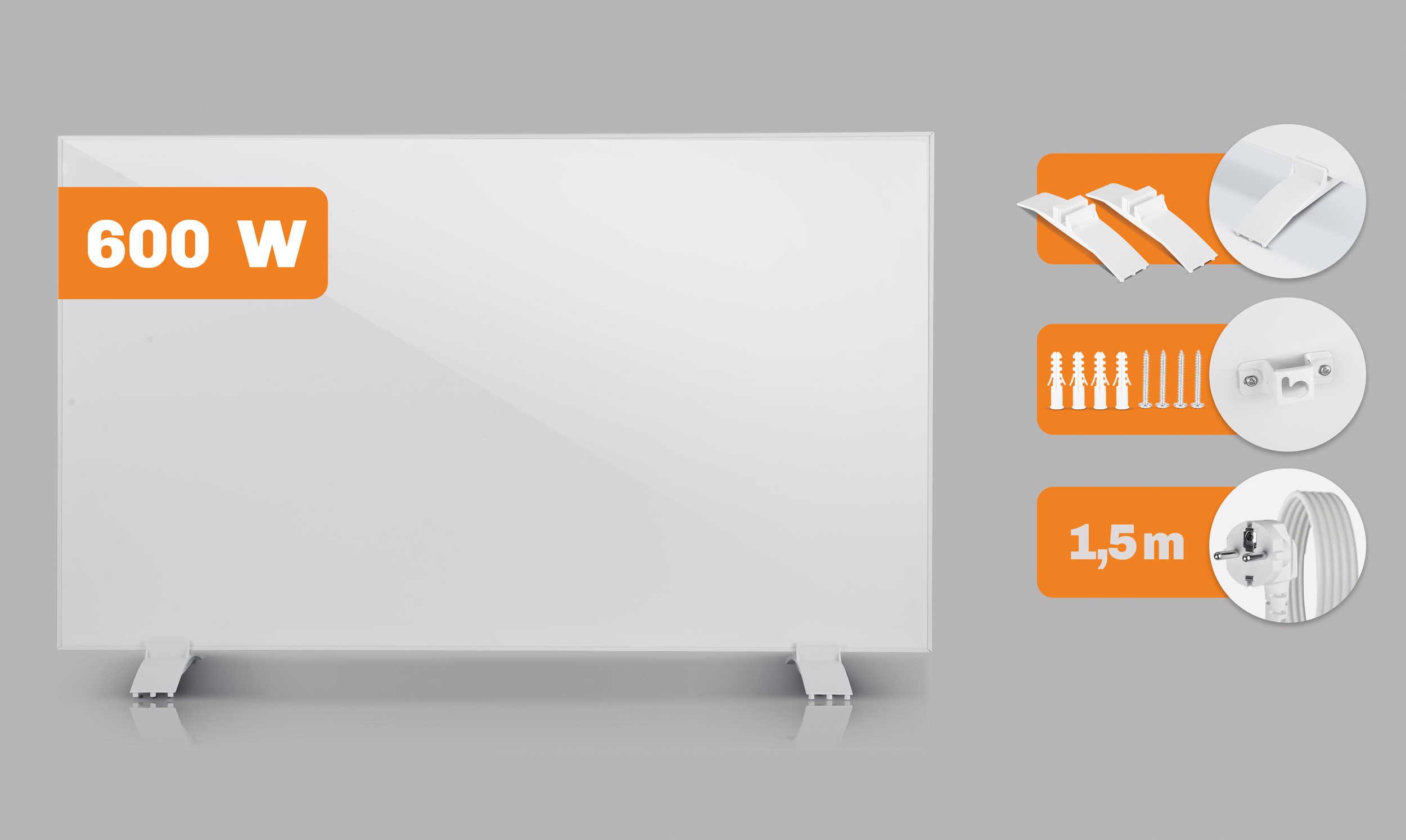 Biały grzejnik elektryczny z etykietą 600W. Akcesoria obejmują elementy montażowe. Kabel ma długość 1,5 m.