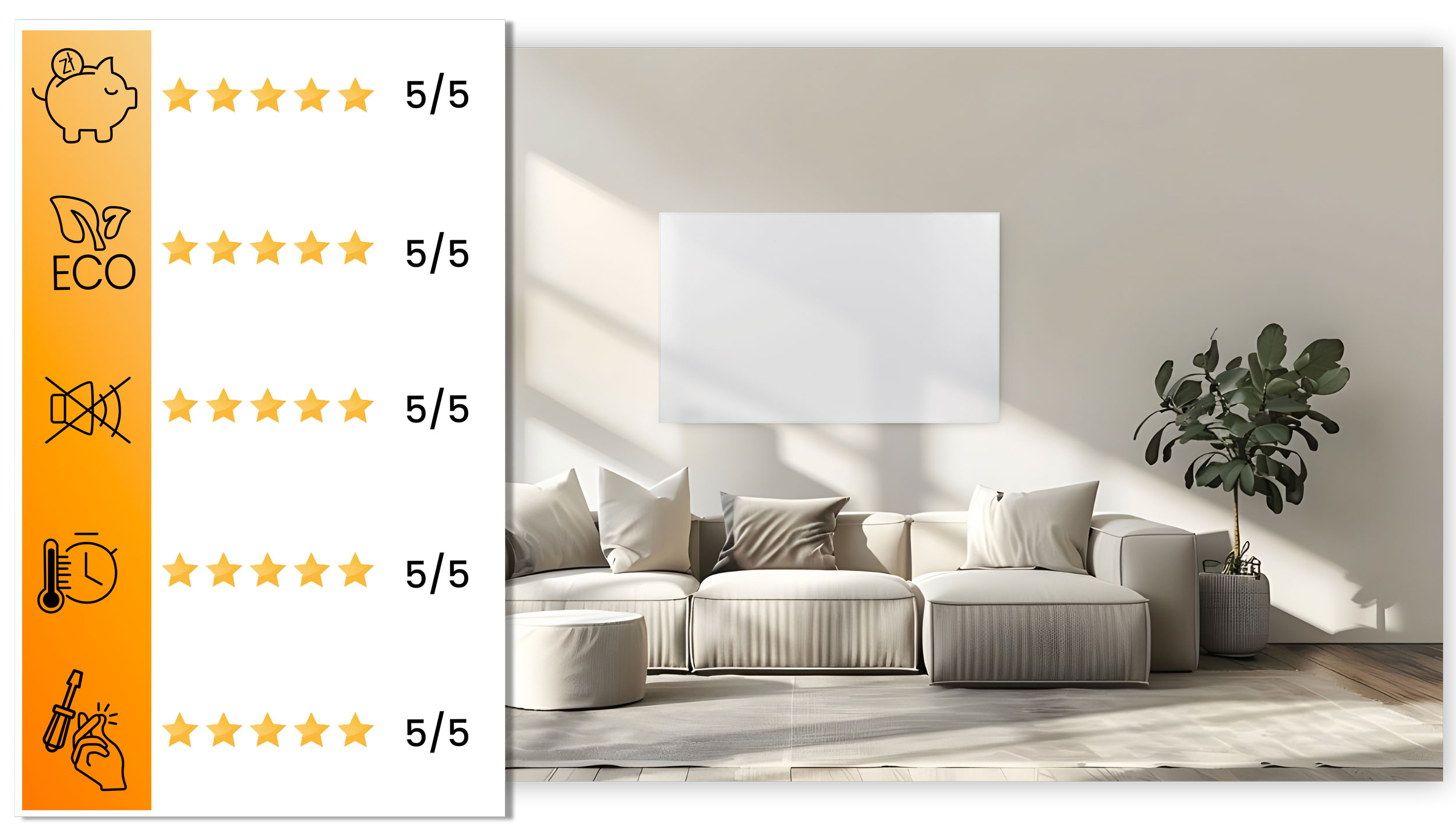 Nowoczesny salon z jasną sofą, białą ścianą i rośliną. Grafika oceny znajduje się po lewej stronie.