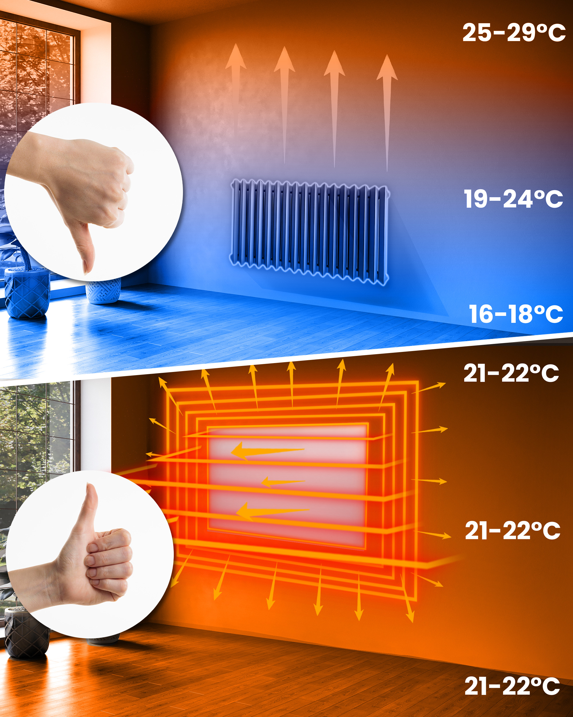 Obraz pokazuje pokój ze wskazaniami temperatury i dłońmi pokazującymi kciuki w górę i w dół. Koncepcja ogrzewania.