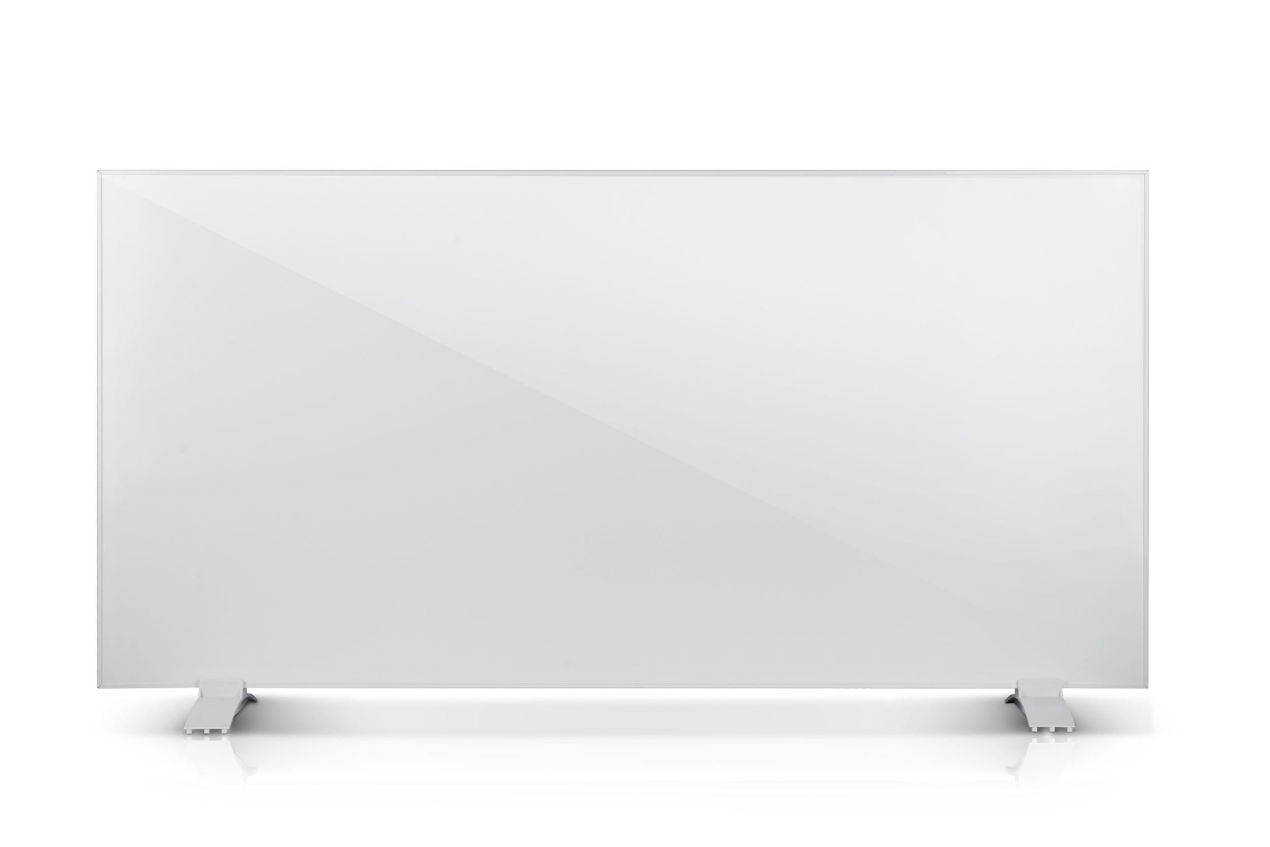 Biały prostokątny panel ze srebrnymi nogami na białym tle. Panel odbija światło.