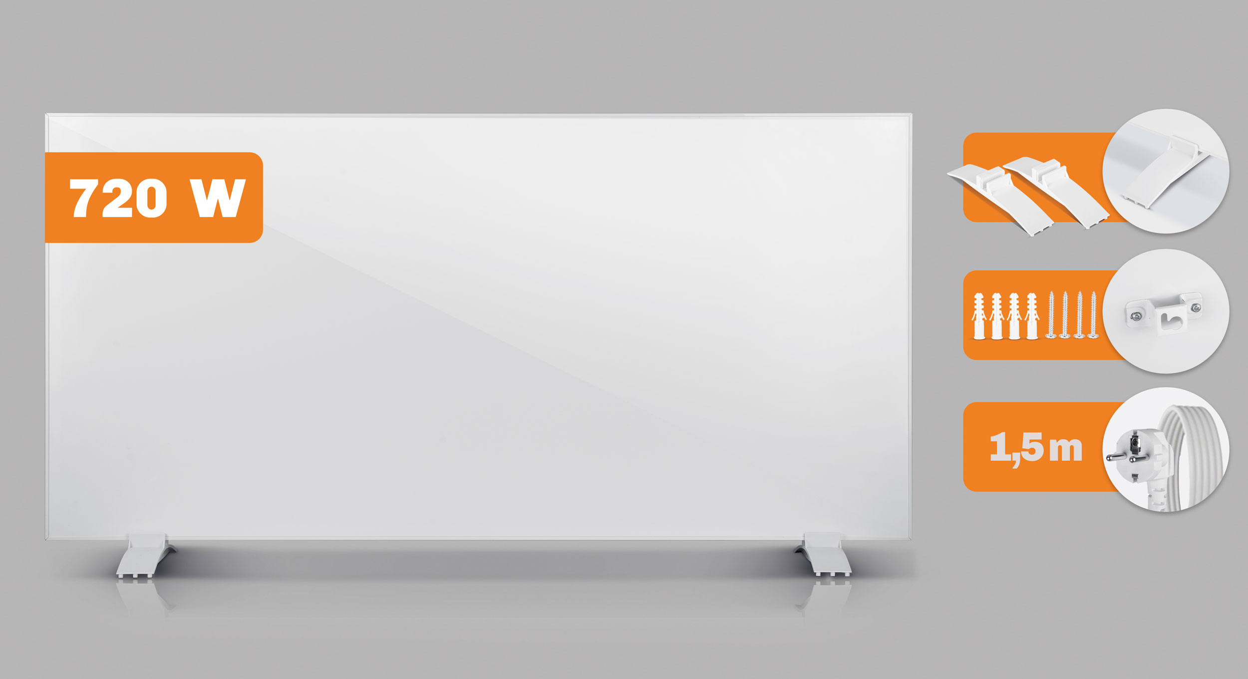Biały grzejnik elektryczny z pomarańczowymi etykietami 720W i 1,5m. Zawiera akcesoria montażowe: śruby i wsporniki ścienne.