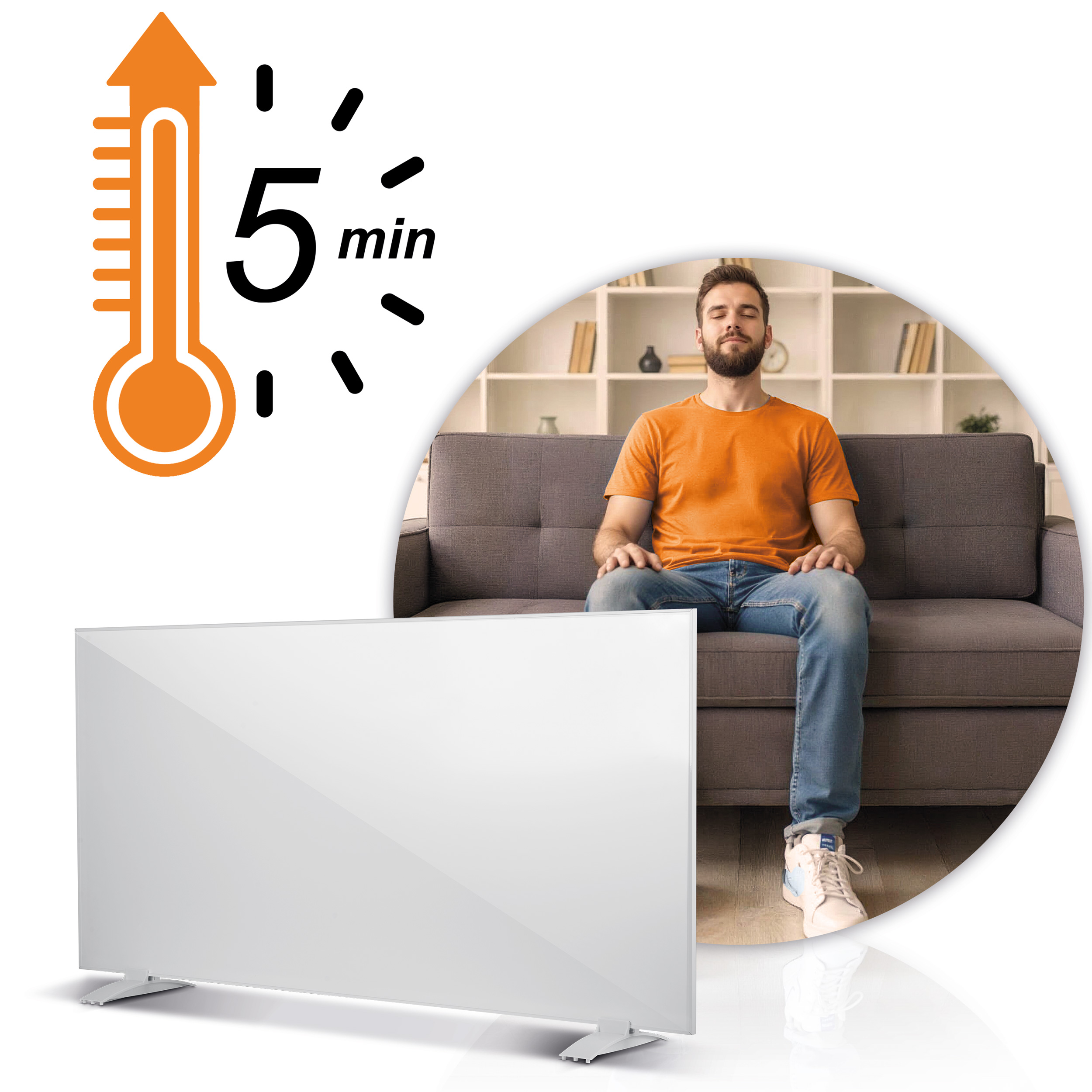 Mężczyzna siedzi na kanapie obok białego grzejnika. Ikona termometru i napis '5 min' w lewym górnym rogu.