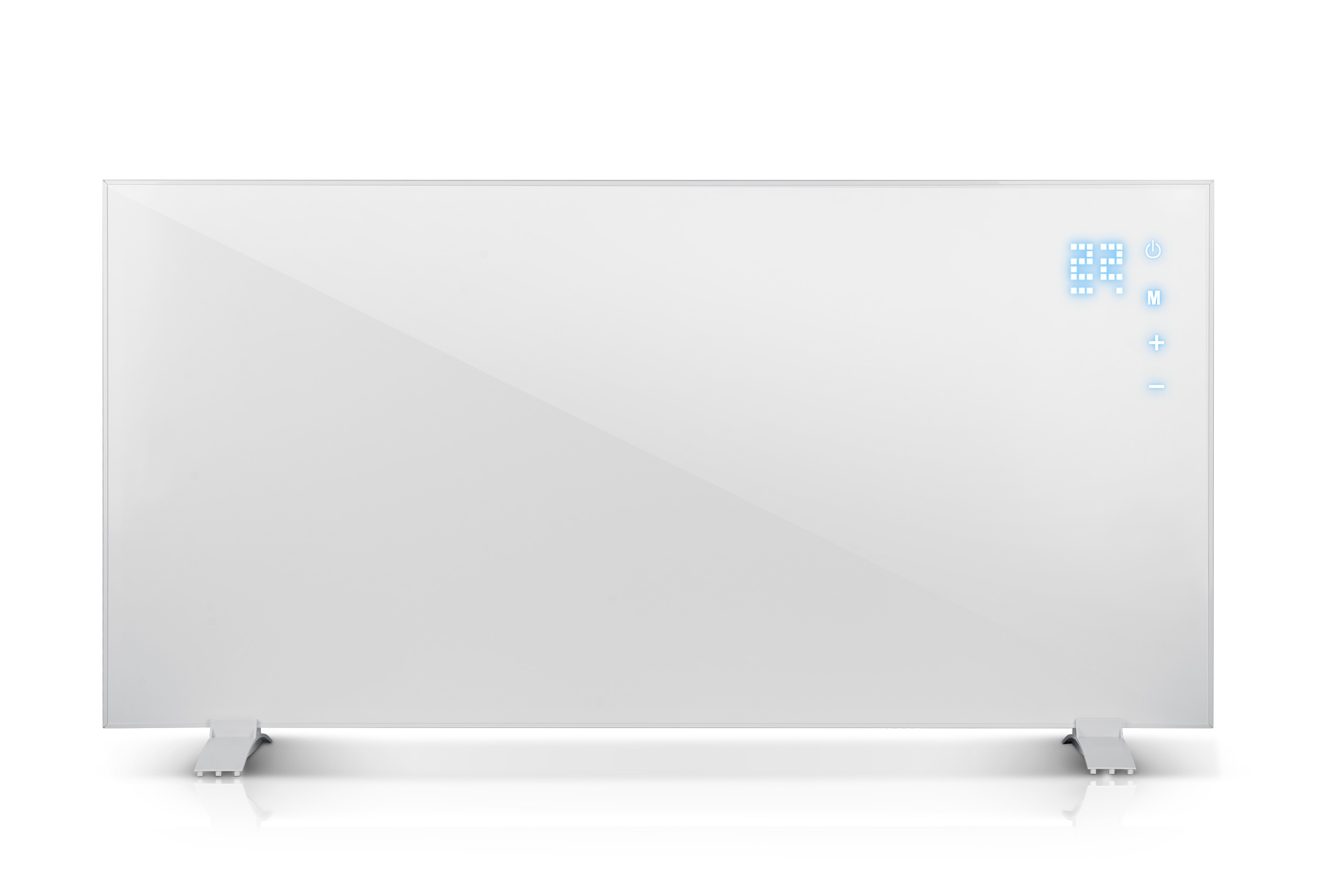 Biały grzejnik elektryczny z cyfrowym wyświetlaczem pokazującym 22 stopnie. Posiada przycisk zasilania, M, +, i - przyciski.