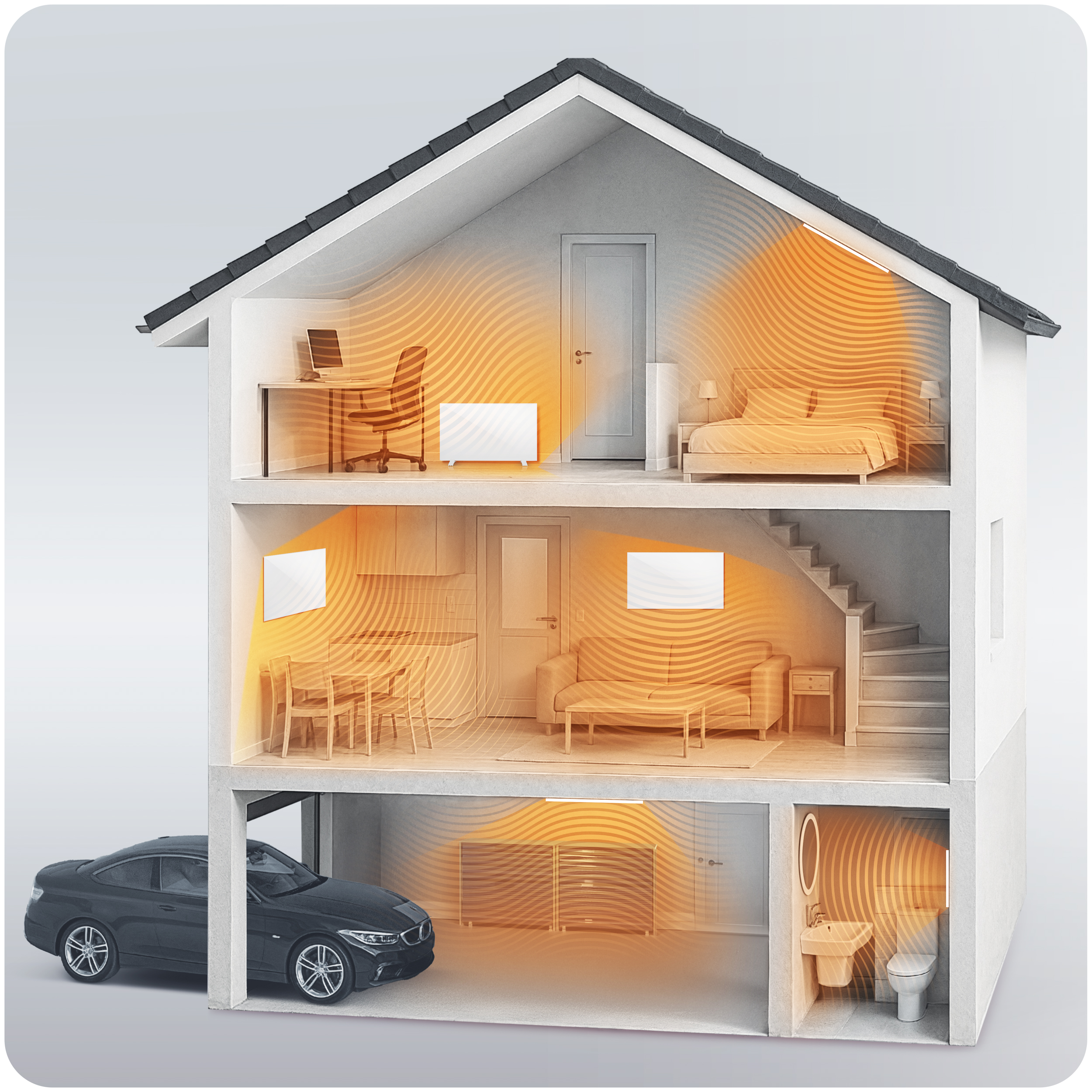 Przekrój domu. Pokazuje samochód w garażu i pokoje z meblami. Pomarańczowe fale wskazują ogrzewanie.