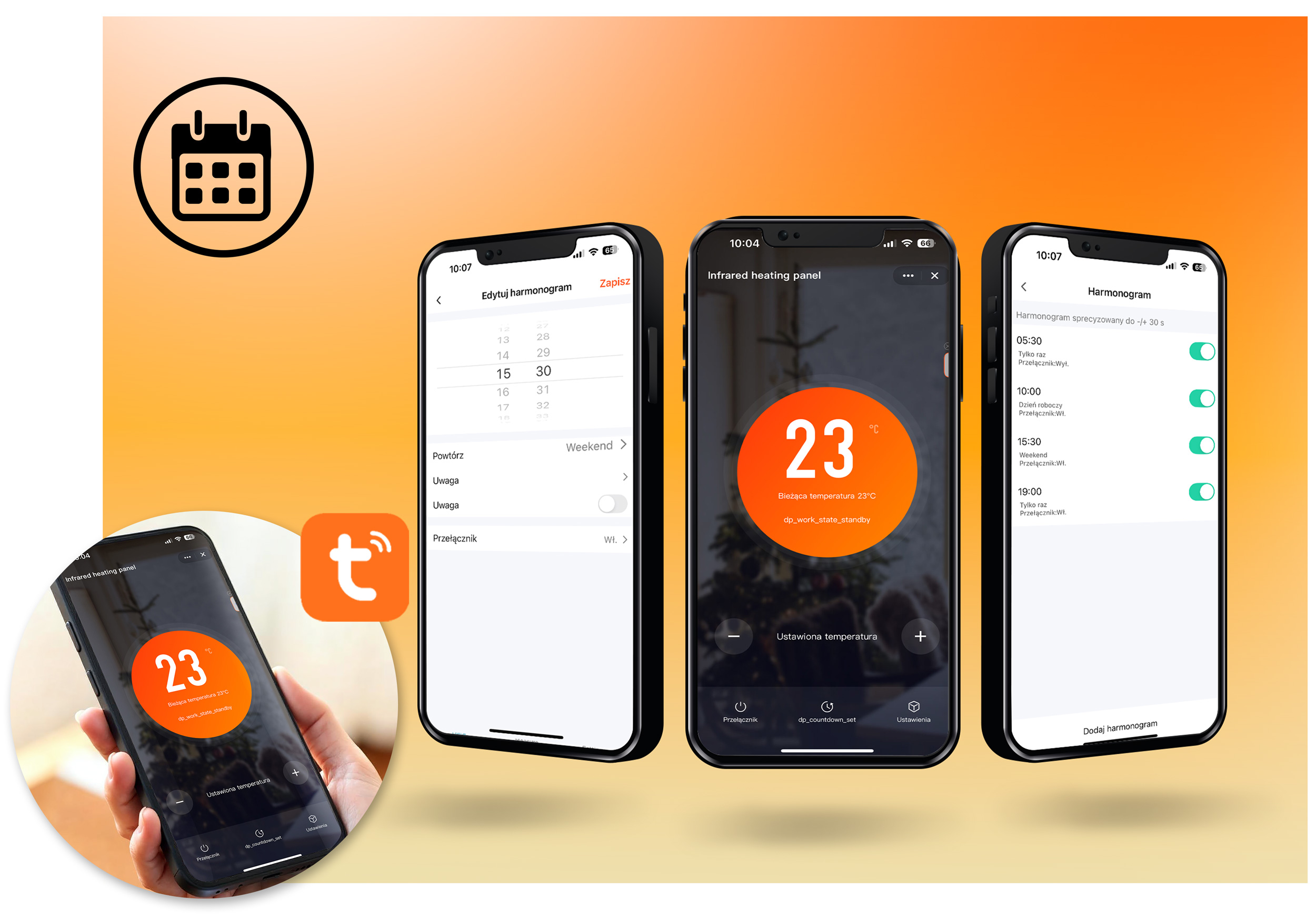 Ręka trzyma telefon z 23 stopniami. Inne telefony pokazują ustawienia i ikonę kalendarza.