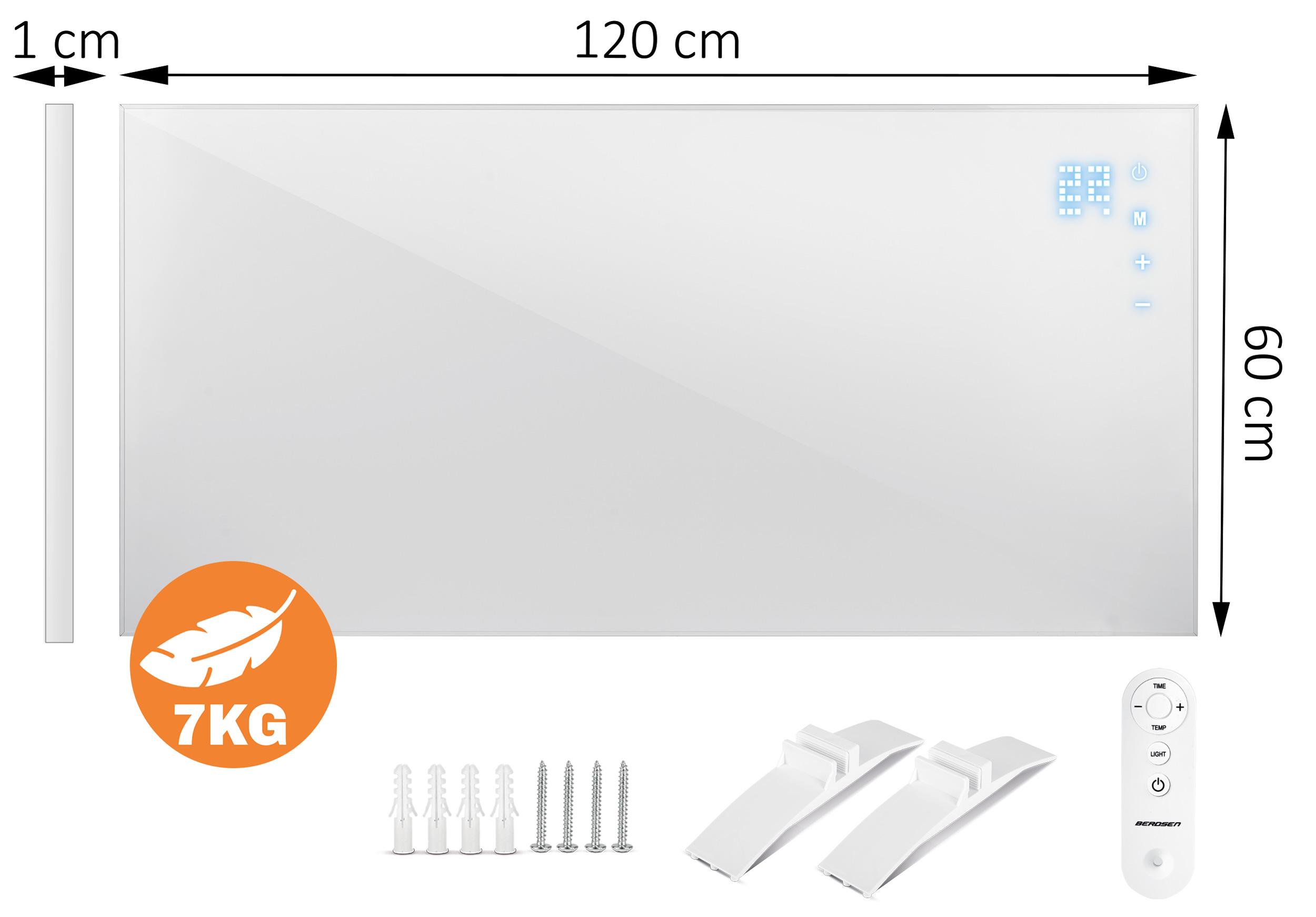 Biały prostokątny grzejnik z wymiarami, pilotem, osprzętem montażowym i informacjami o wadze.