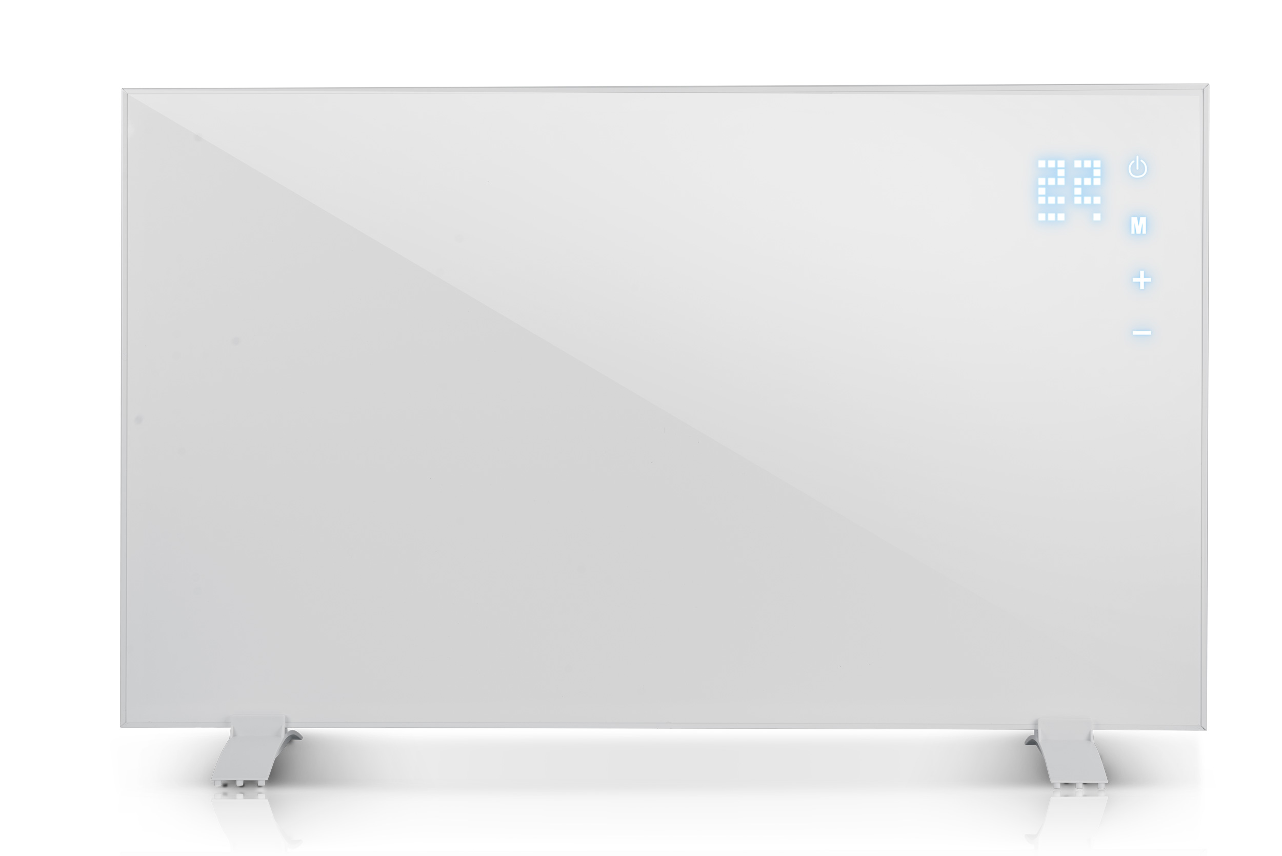 Biały grzejnik elektryczny z wyświetlaczem cyfrowym pokazującym 22. Widoczne przyciski zasilania, trybu i regulacji temperatury.