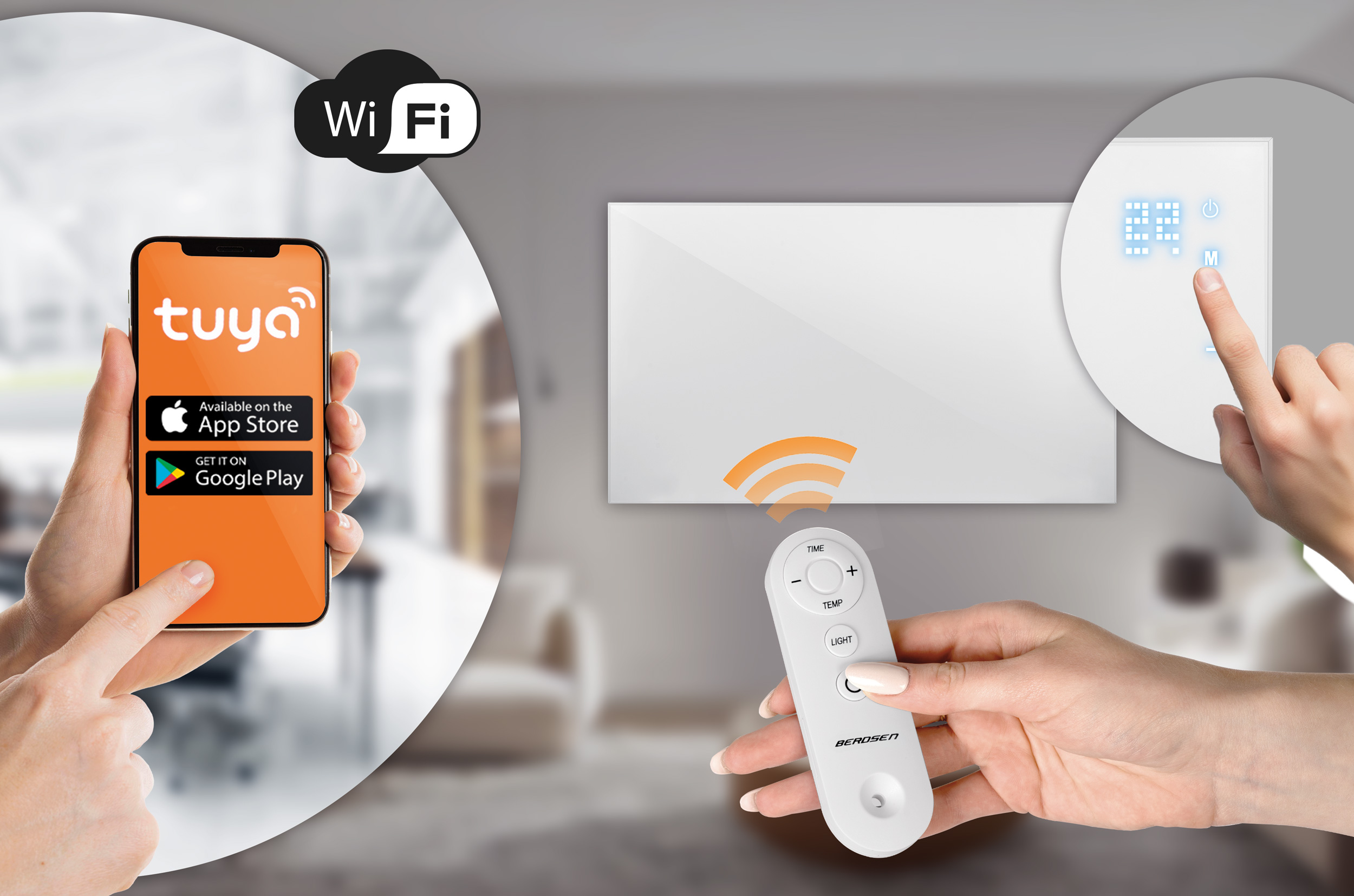 Smartfon z aplikacją Tuya i pilotem są pokazane z białym grzejnikiem naściennym.