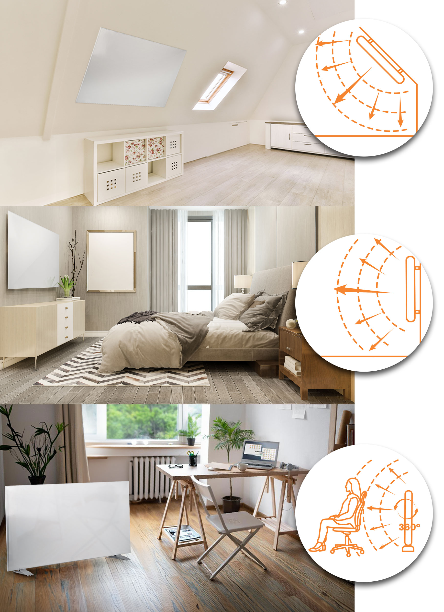 Kolaż trzech wnętrz pokoi. Pierwszy to sypialnia z panelem na suficie, drugi to sypialnia z łóżkiem.