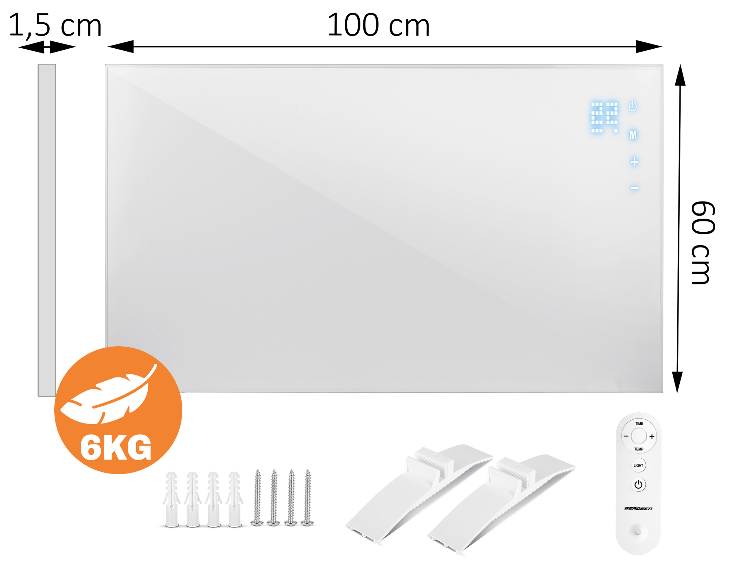 Biały prostokątny grzejnik z panelem sterowania, wymiary oznaczone. Akcesoria: śruby i pilot.