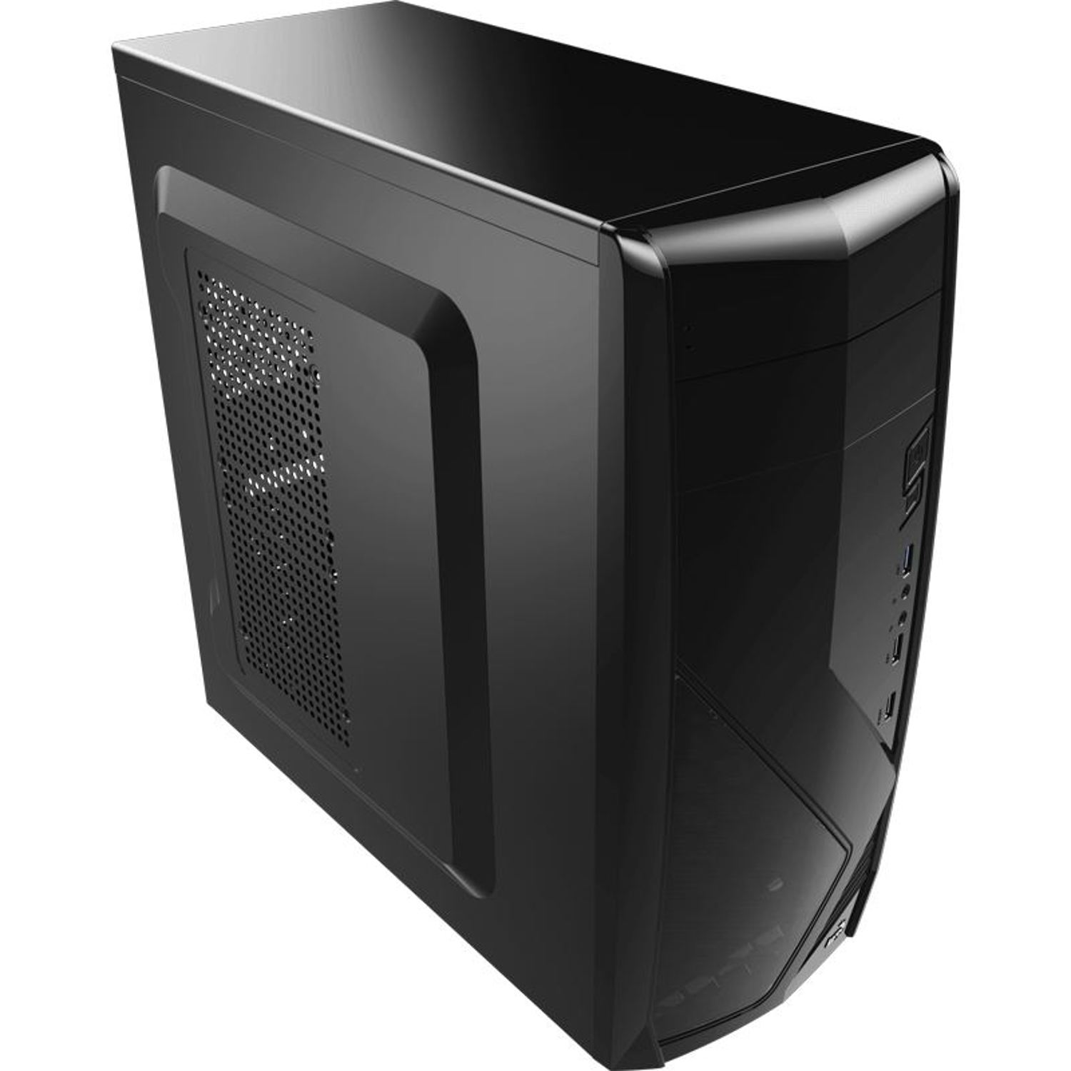 Ein schwarzes Computergehäuse auf weißem Hintergrund. Es hat ein Mesh-Panel an der Seite und verschiedene Anschlüsse. Das Gehäuse ist abgewinkelt.