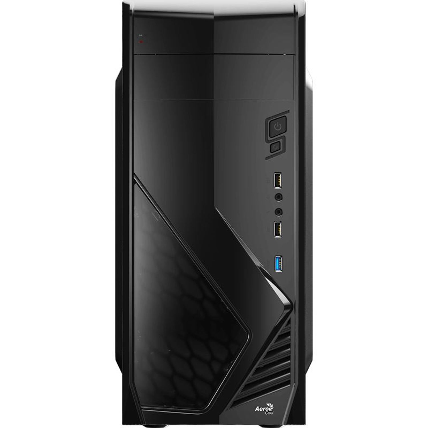 Schwarzes Computergehäuse. Die Frontplatte hat ein geometrisches Design mit einem durchsichtigen Fenster. USB-Anschlüsse und Power-Tasten sind sichtbar.