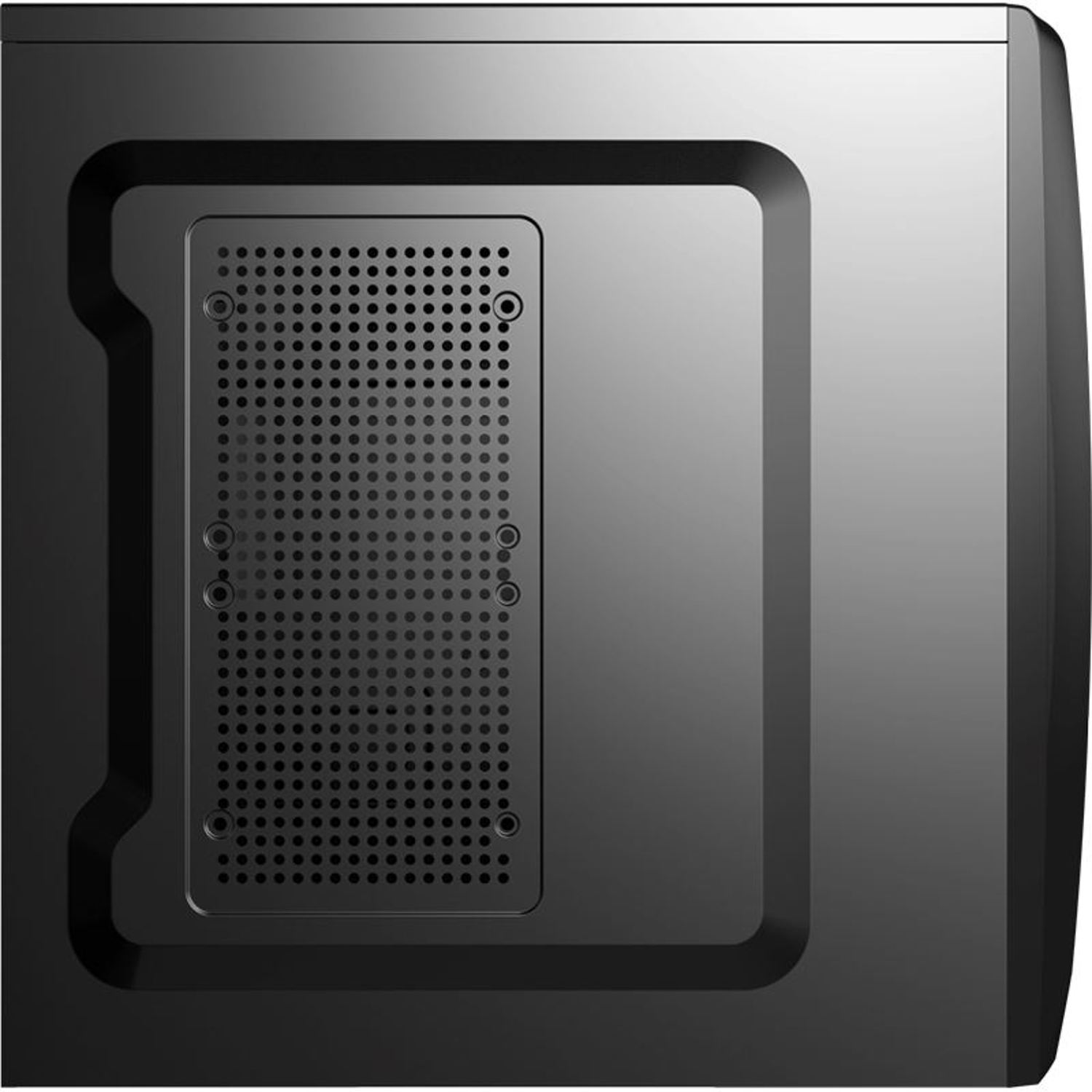 Vorderansicht eines schwarzen Computergehäuses. Es hat einen perforierten Mittelteil mit kleinen Löchern und abgerundeten Ecken.
