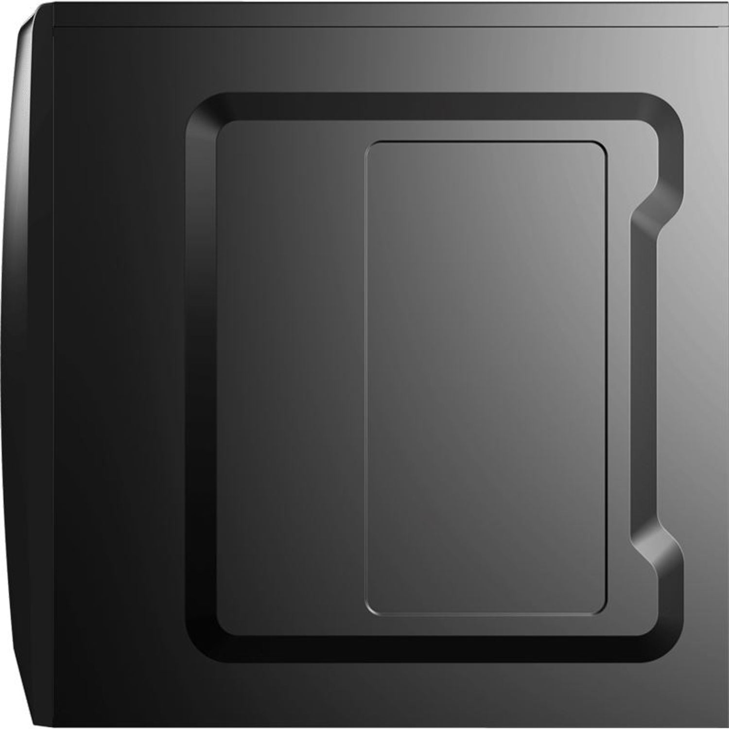 Ein schwarzes Computergehäuse mit einer vertieften rechteckigen Platte. Die Platte hat abgerundete Ecken und ein kleineres, inneres Rechteck.