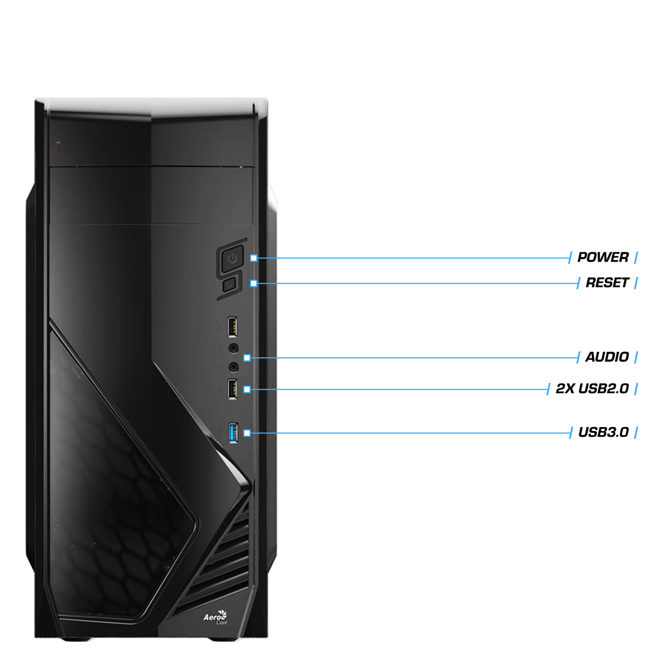 Ein schwarzes Computergehäuse mit beschrifteten Anschlüssen: Strom, Reset, Audio, USB2.0 und USB3.0. Die Marke ist AeroCool.