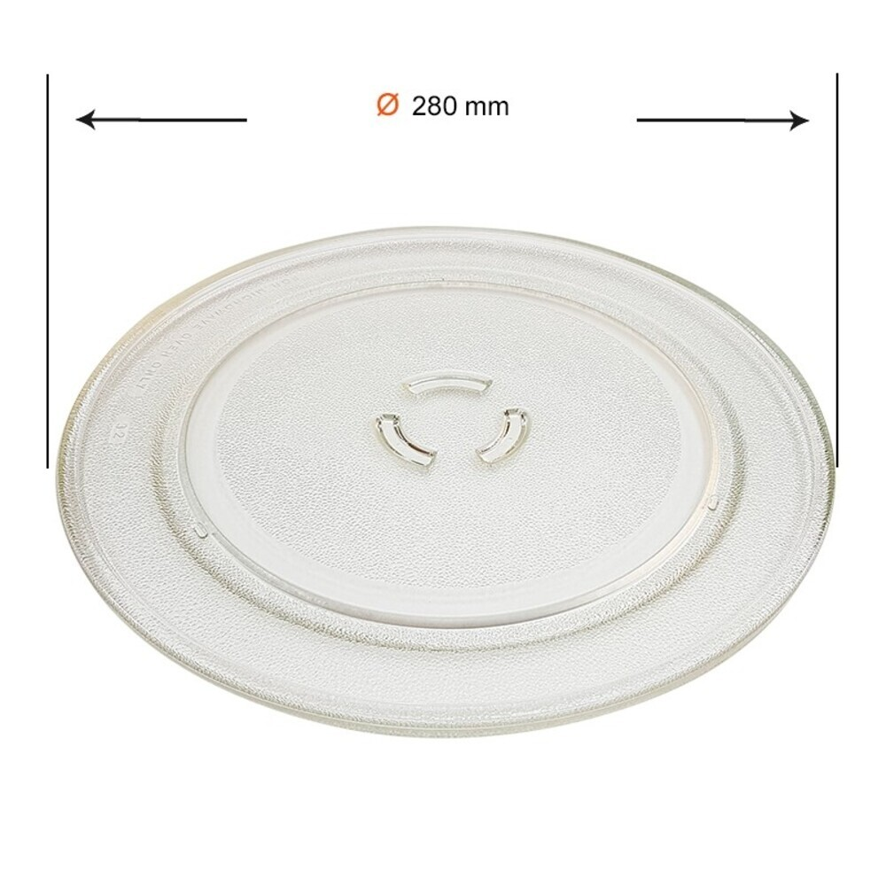 Un plato de microondas de vidrio transparente con un diámetro de 280 mm. Tiene forma circular con tres soportes curvos en el centro.